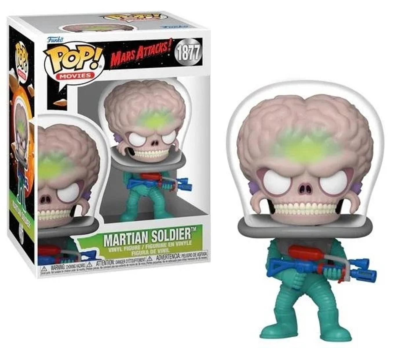 Figura Funko Pop de un soldado marciano en una caja. Viste un traje verde y sostiene un arma.