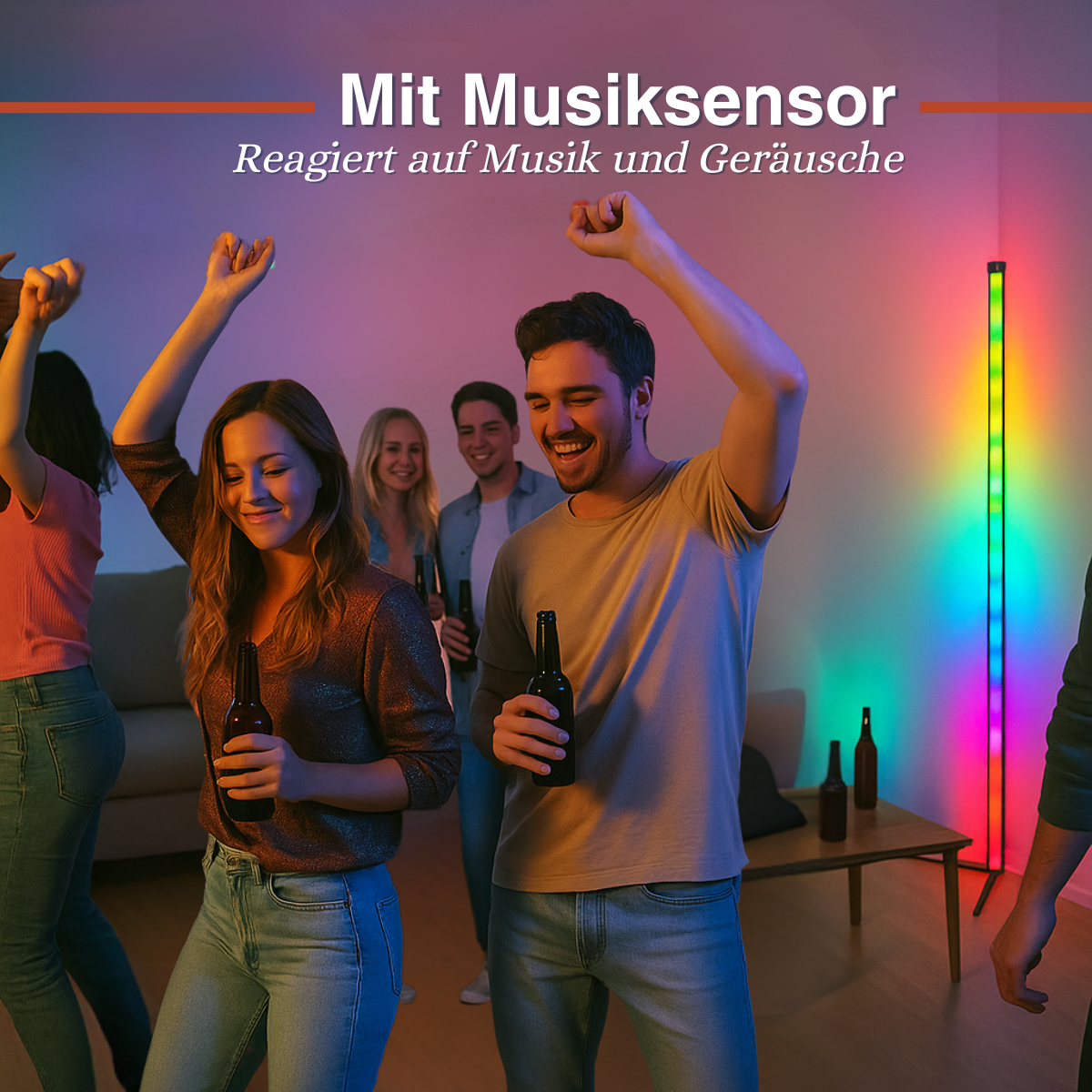 Gruppe von Leuten, die in einem Raum mit bunten LED-Lichtern tanzen und Flaschen halten.