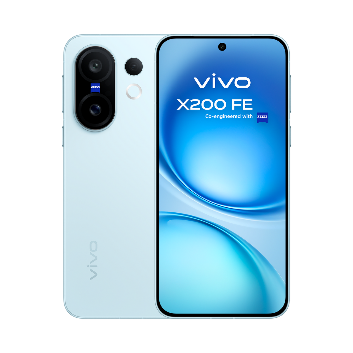 Un smartphone con el logo Vivo X200 FE, la pantalla muestra un patrón de onda azul.
