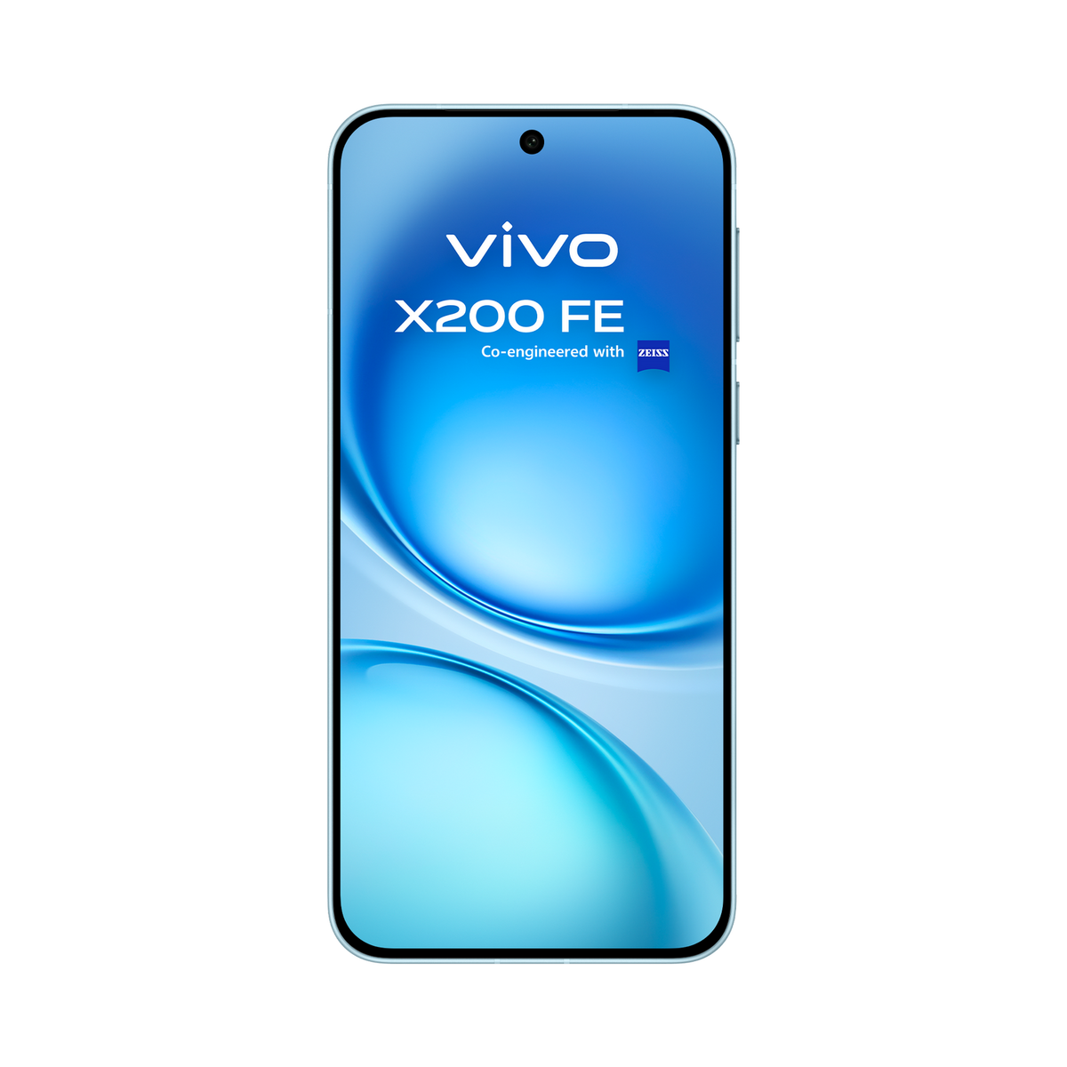 Un smartphone con el logo Vivo X200 FE, la pantalla muestra un patrón de onda azul.