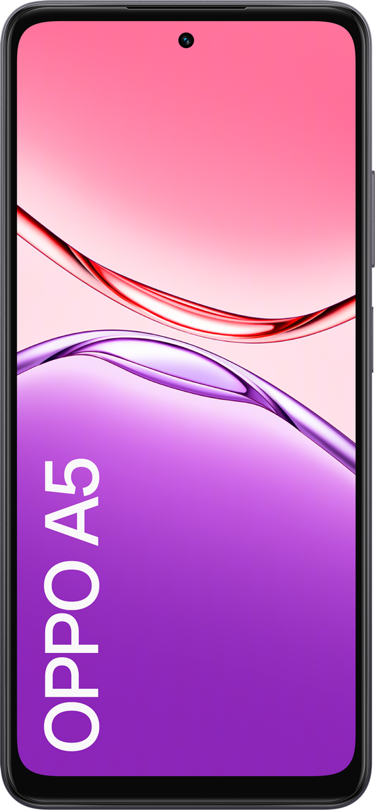 Szary telefon Oppo A5, wyświetlający fioletowo-różowy wzór fal na ekranie.