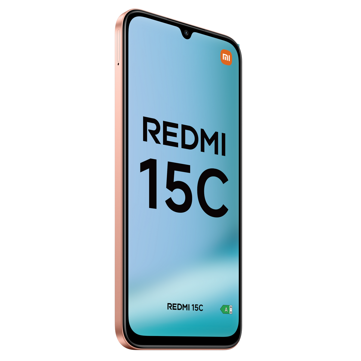 Smartfon z logo Redmi 15C na ekranie, na jasnoniebieskim tle.