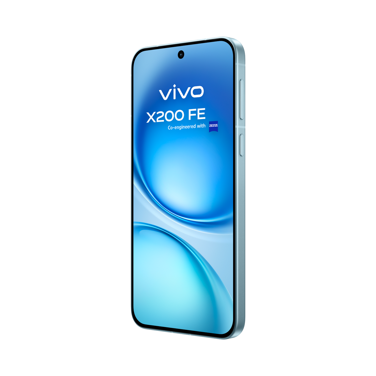 Un smartphone con el logo Vivo X200 FE, la pantalla muestra un patrón de onda azul.