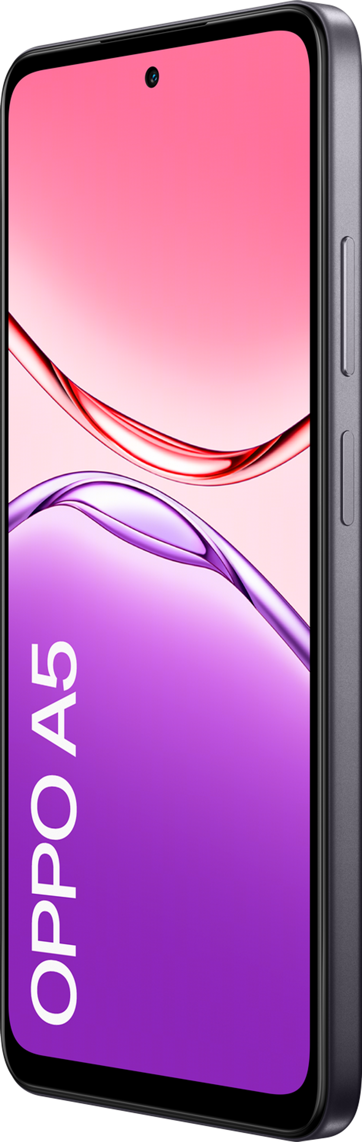 Szary telefon Oppo A5, wyświetlający fioletowo-różowy wzór fal na ekranie.