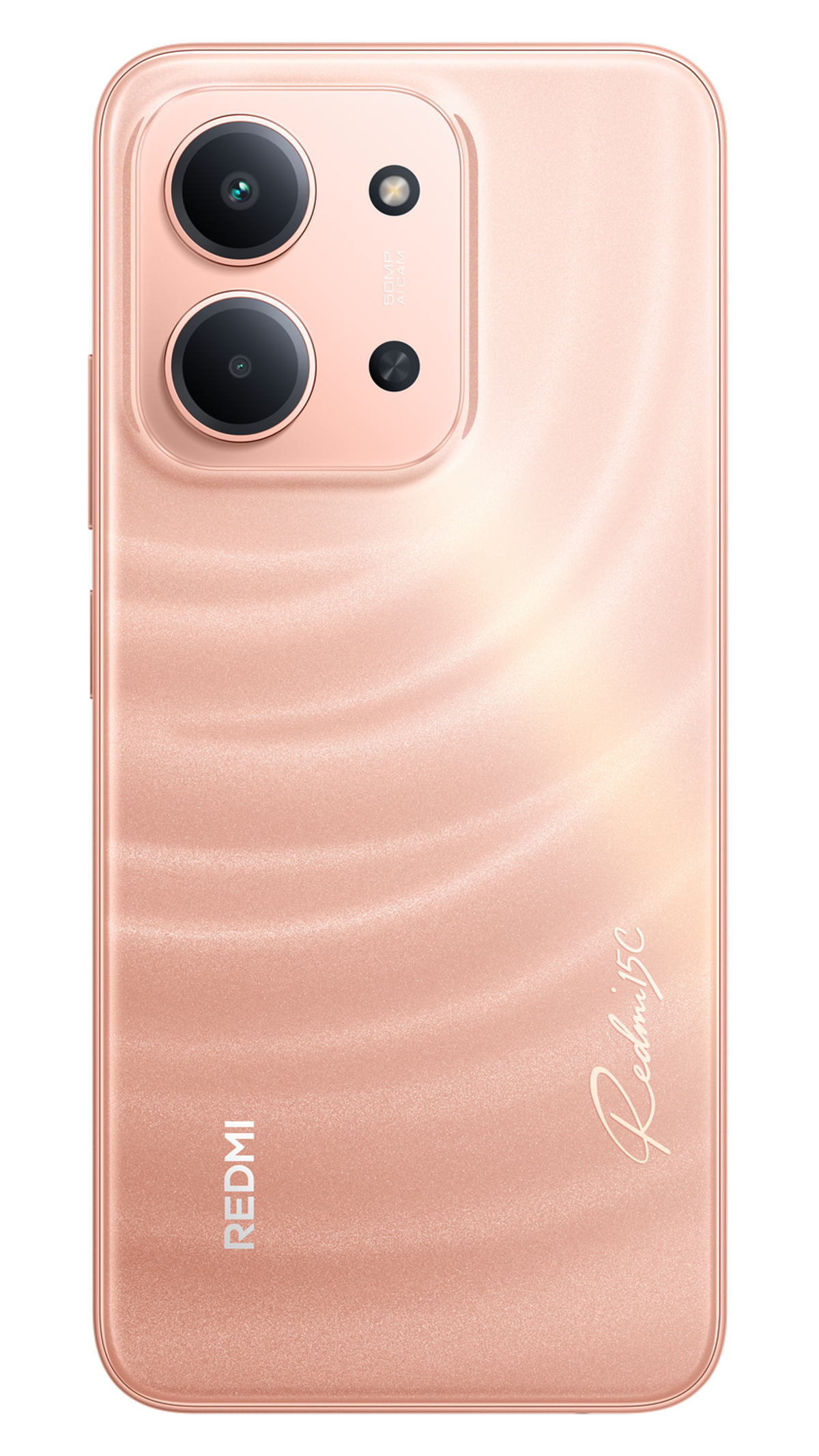 Różowo-złoty tył telefonu z dwoma aparatami, małym aparatem i logo Redmi j5c.