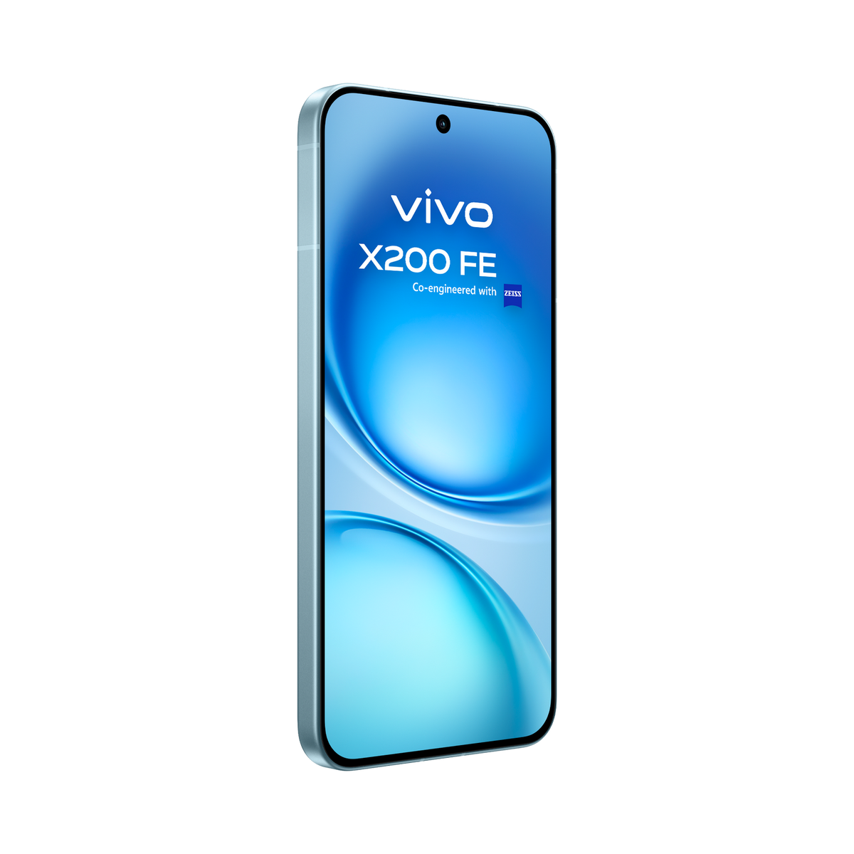 Un smartphone con el logo Vivo X200 FE, la pantalla muestra un patrón de onda azul.