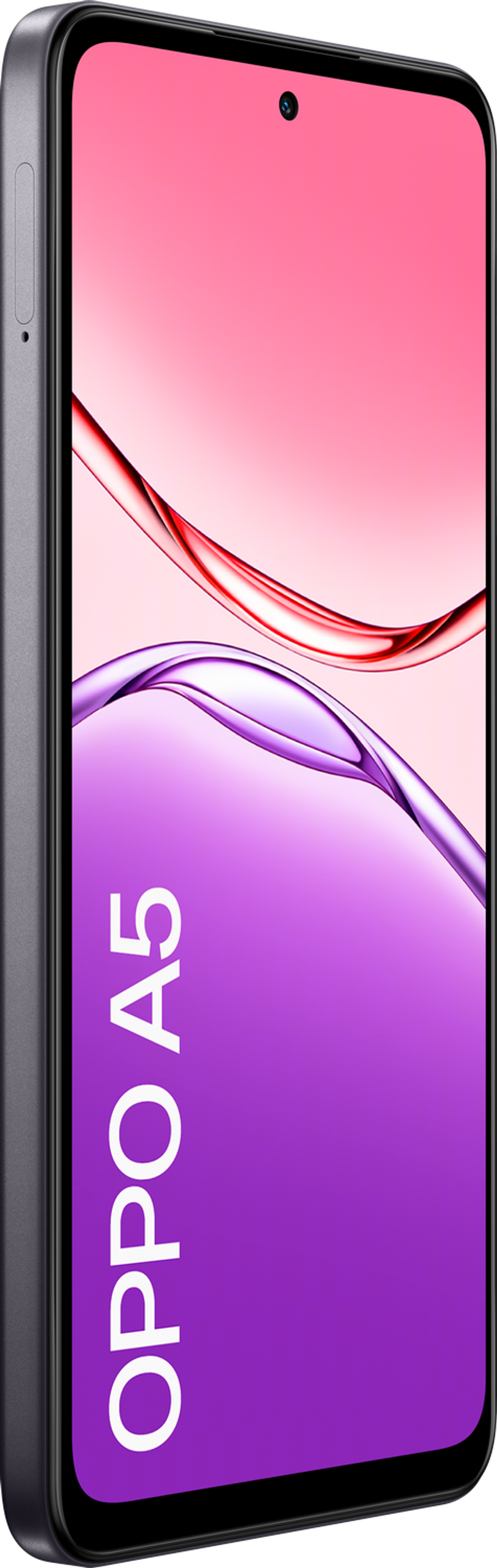 Szary telefon Oppo A5, wyświetlający fioletowo-różowy wzór fal na ekranie.