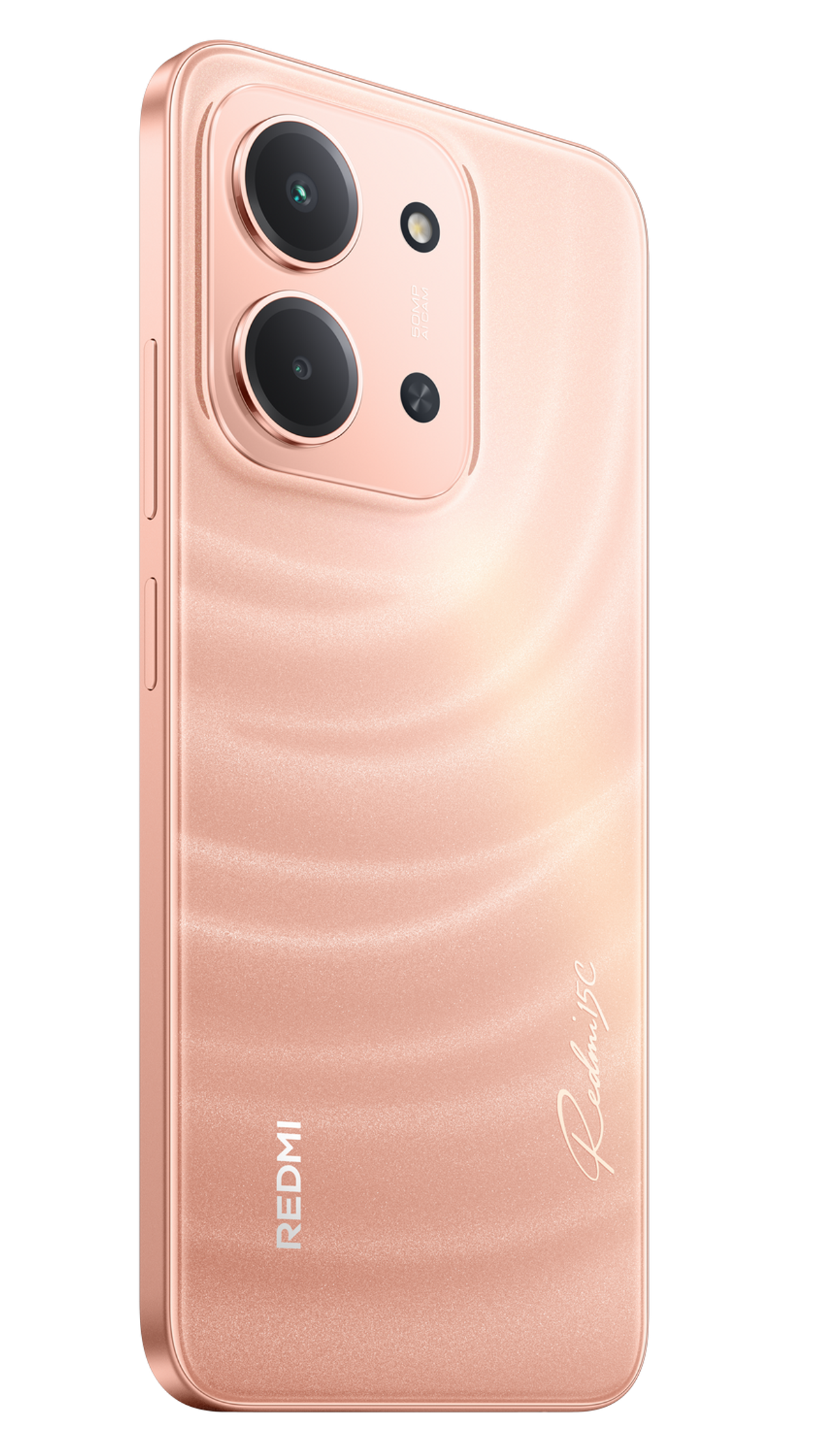Telefon w kolorze różowego złota z podwójnym aparatem, logo Redmi i nazwą 'Redmi 15C' z tyłu.