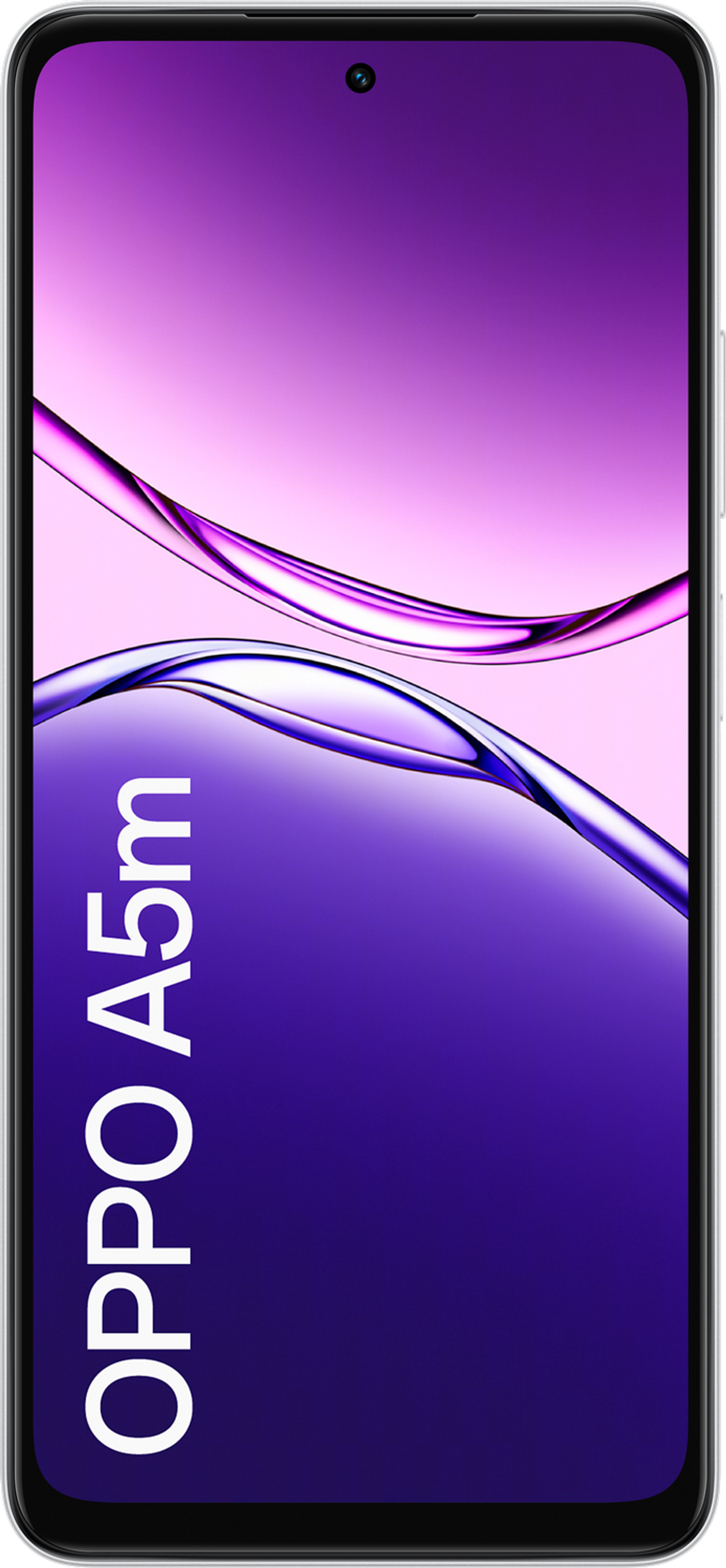 Szary telefon Oppo A5m, wyświetlający fioletowo-różowy wzór fal na ekranie.