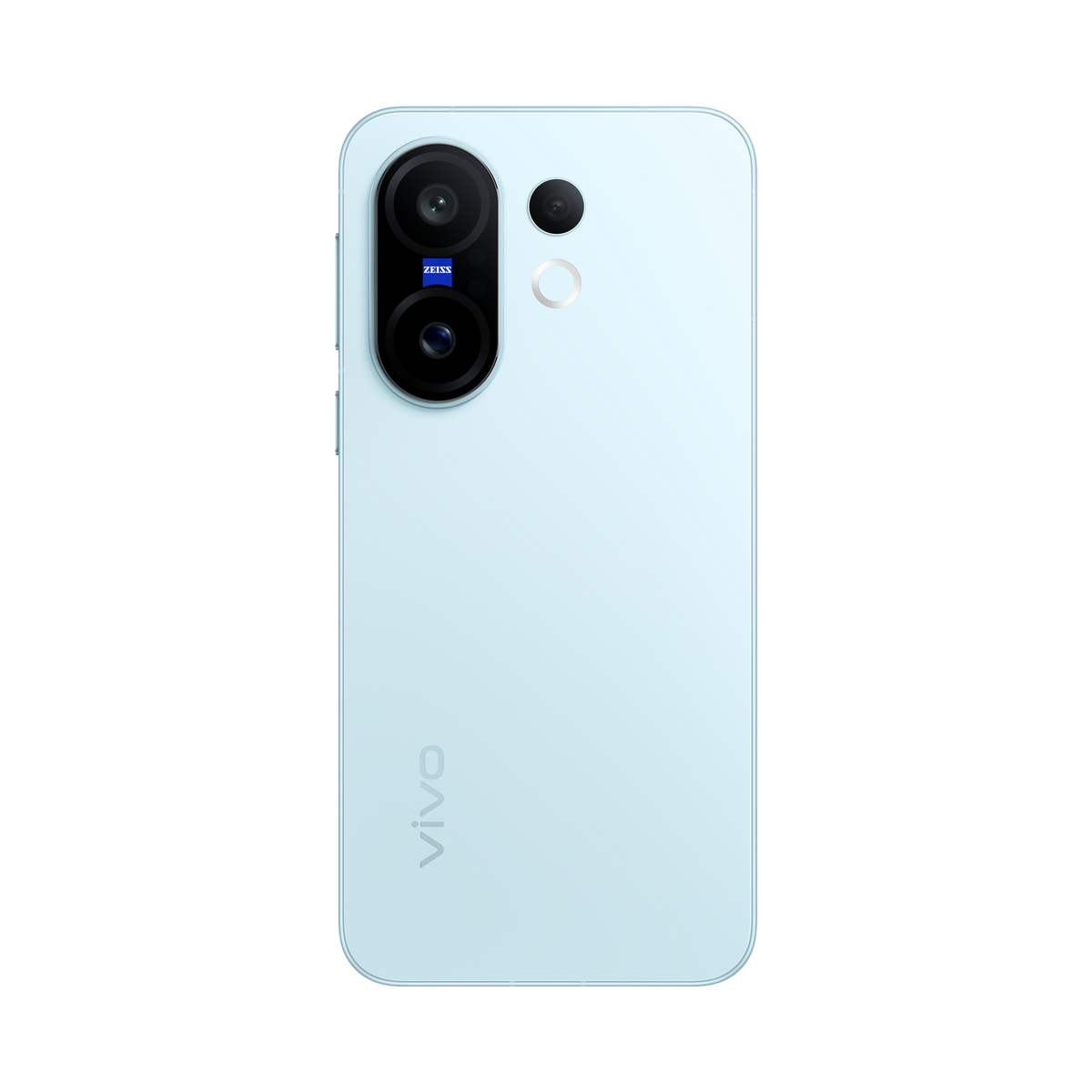 Parte trasera de teléfono Vivo azul claro, con tres cámaras y un círculo blanco.