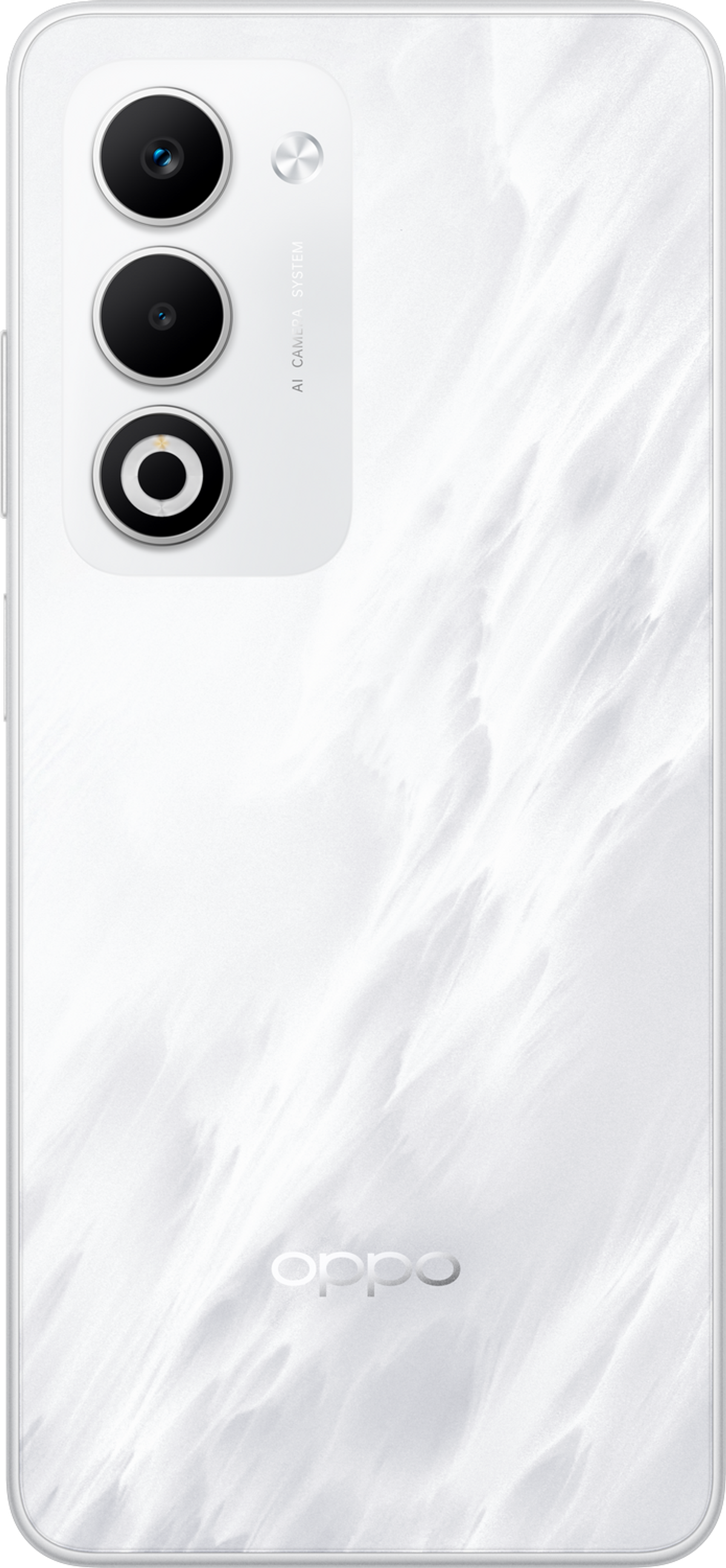 Biały telefon Oppo z teksturowanym tyłem. Ma konfigurację z trzema aparatami i markę Oppo na dole.