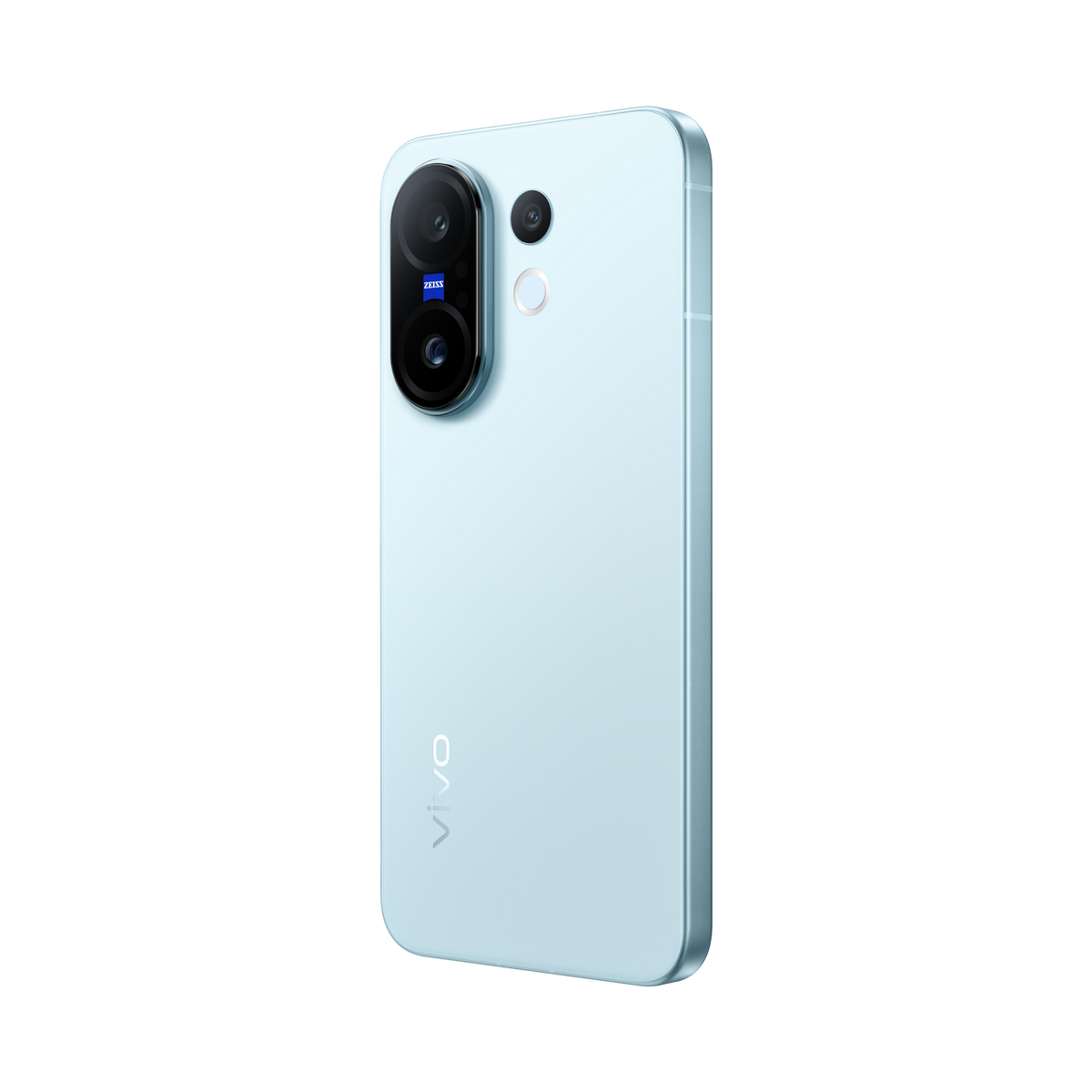 Vista trasera de un smartphone azul claro. Tiene dos cámaras y una lente que dice ZEISS.