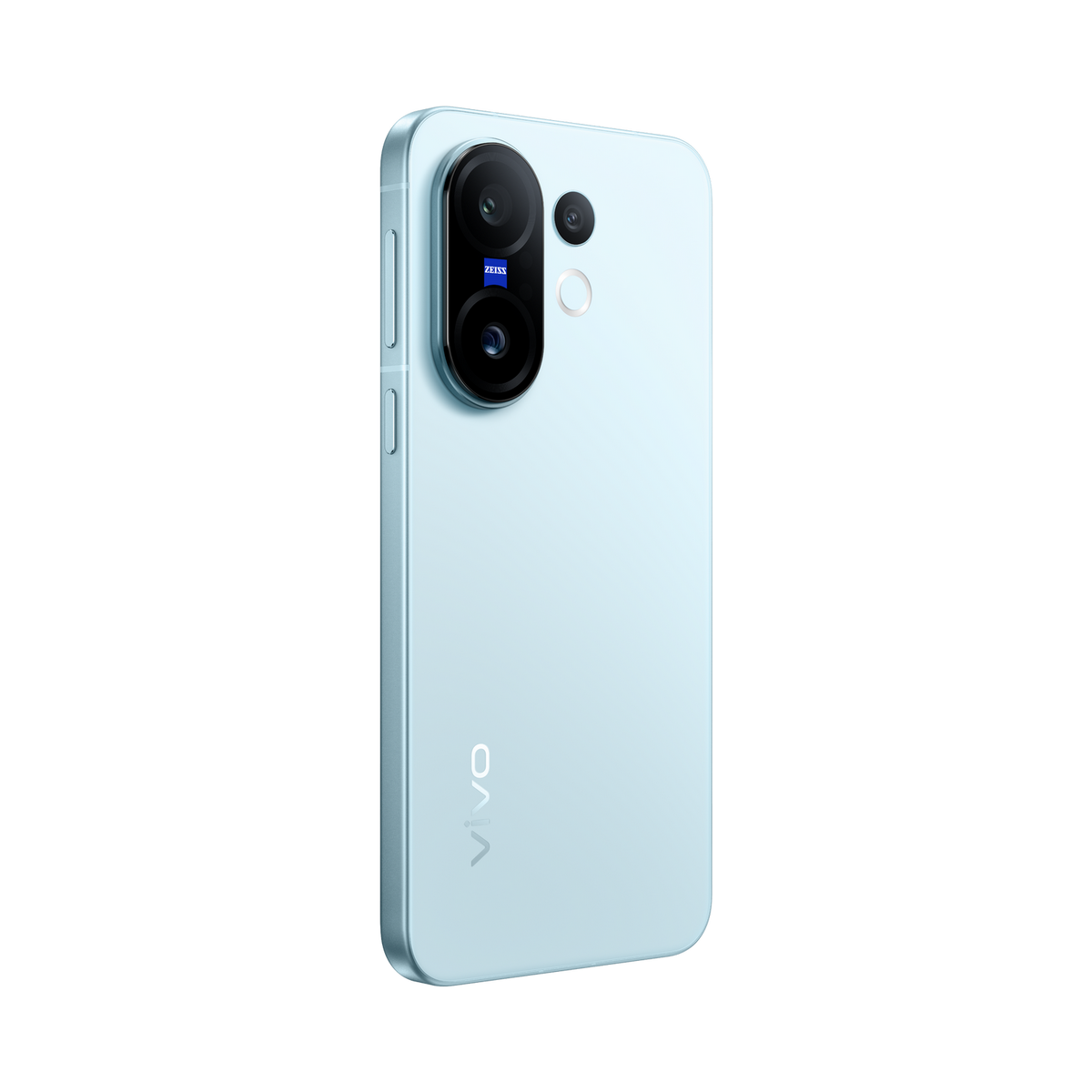 Parte trasera de teléfono Vivo azul claro, con tres cámaras y un círculo blanco.