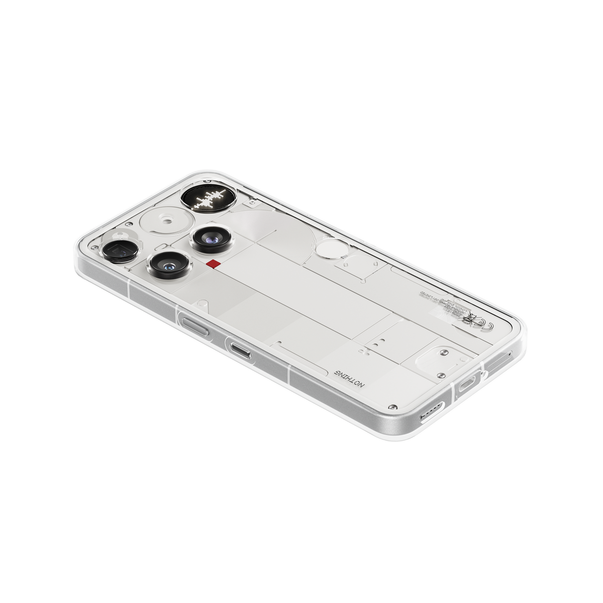 Przezroczyste etui z widocznymi elementami wewnętrznymi. Telefon ma wiele obiektywów i czerwony akcent.