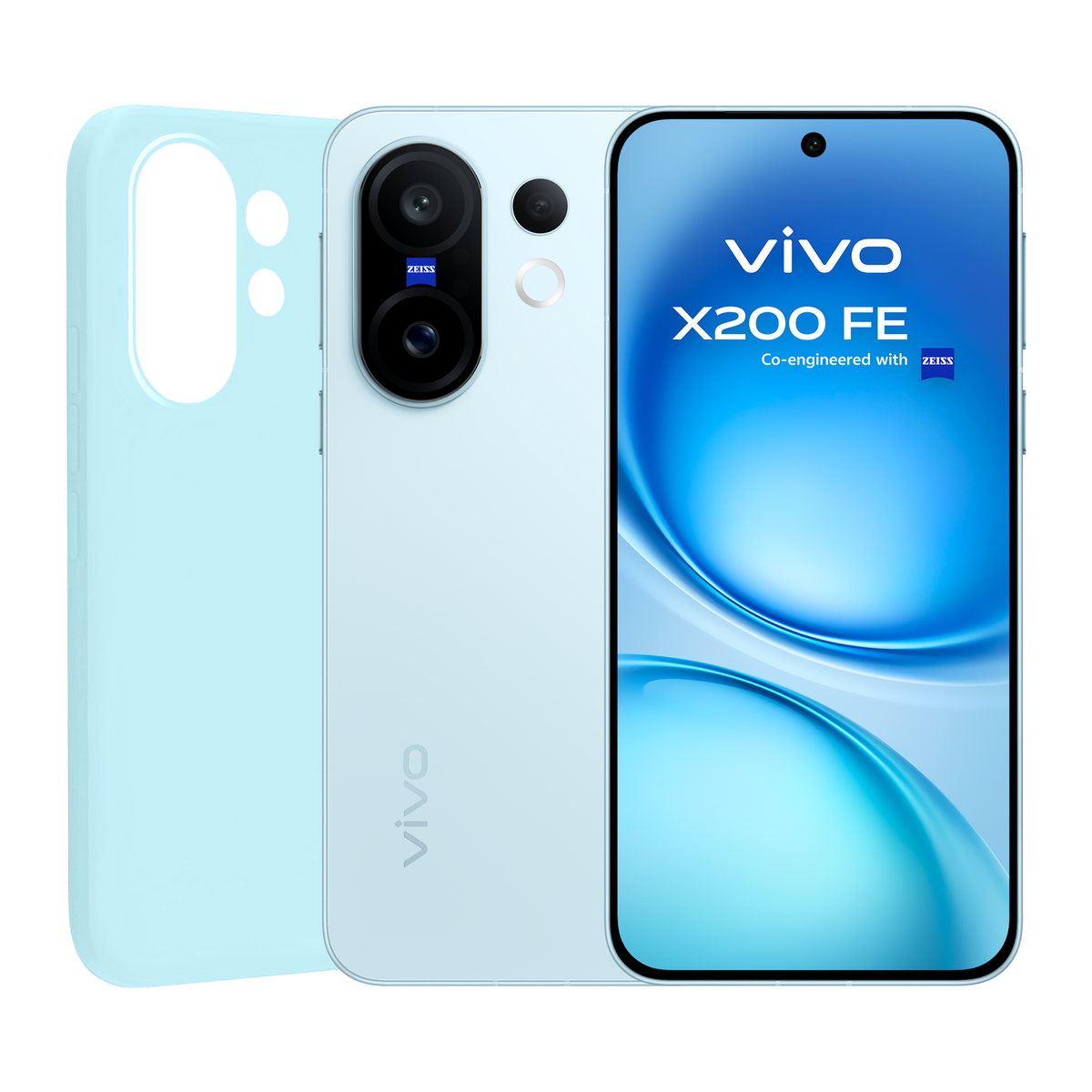 Un teléfono Vivo azul claro con una funda adjunta. La pantalla muestra texto, con una configuración de cámara de triple lente.