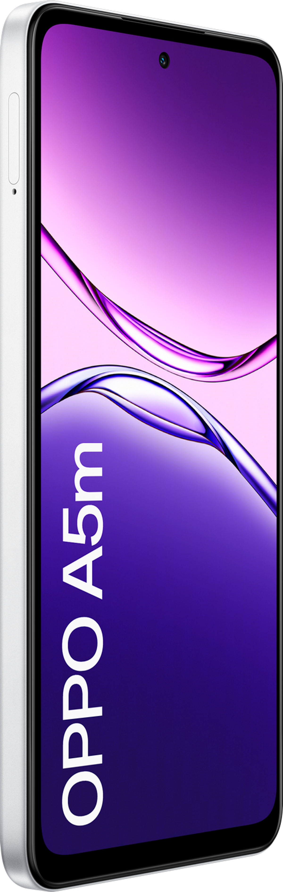 Widok z boku białego smartfona. Ekran wyświetla OPPO A5m z fioletowym gradientem.