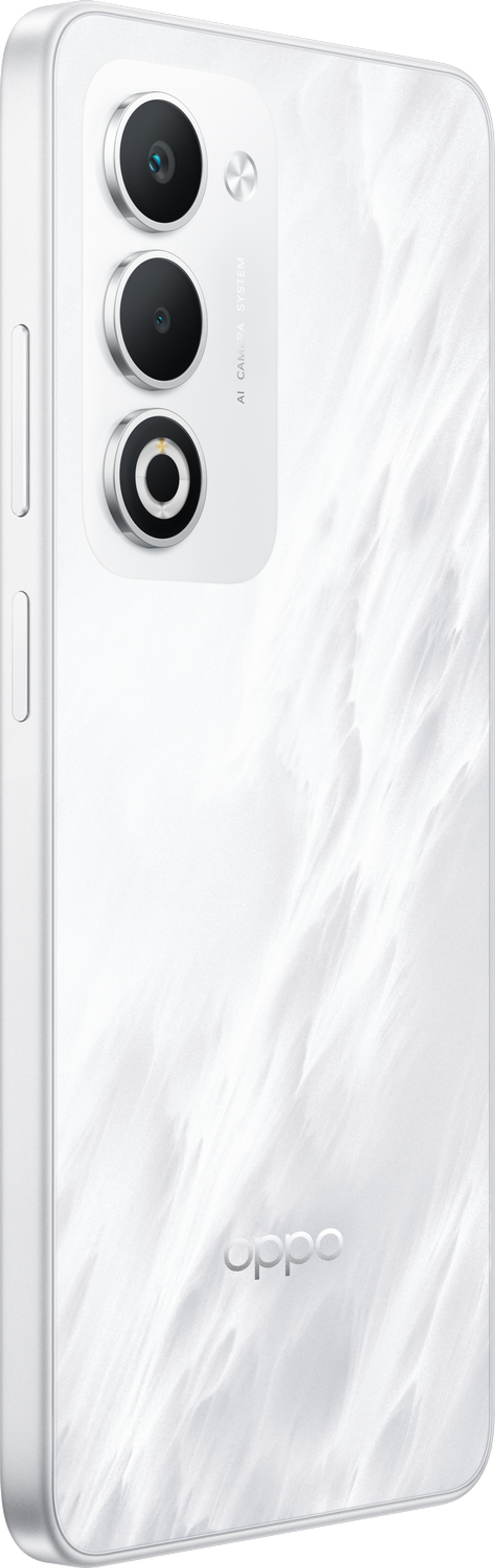 Tył białego telefonu Oppo z trzema aparatami i wzorzystą powierzchnią. Widoczne logo Oppo.