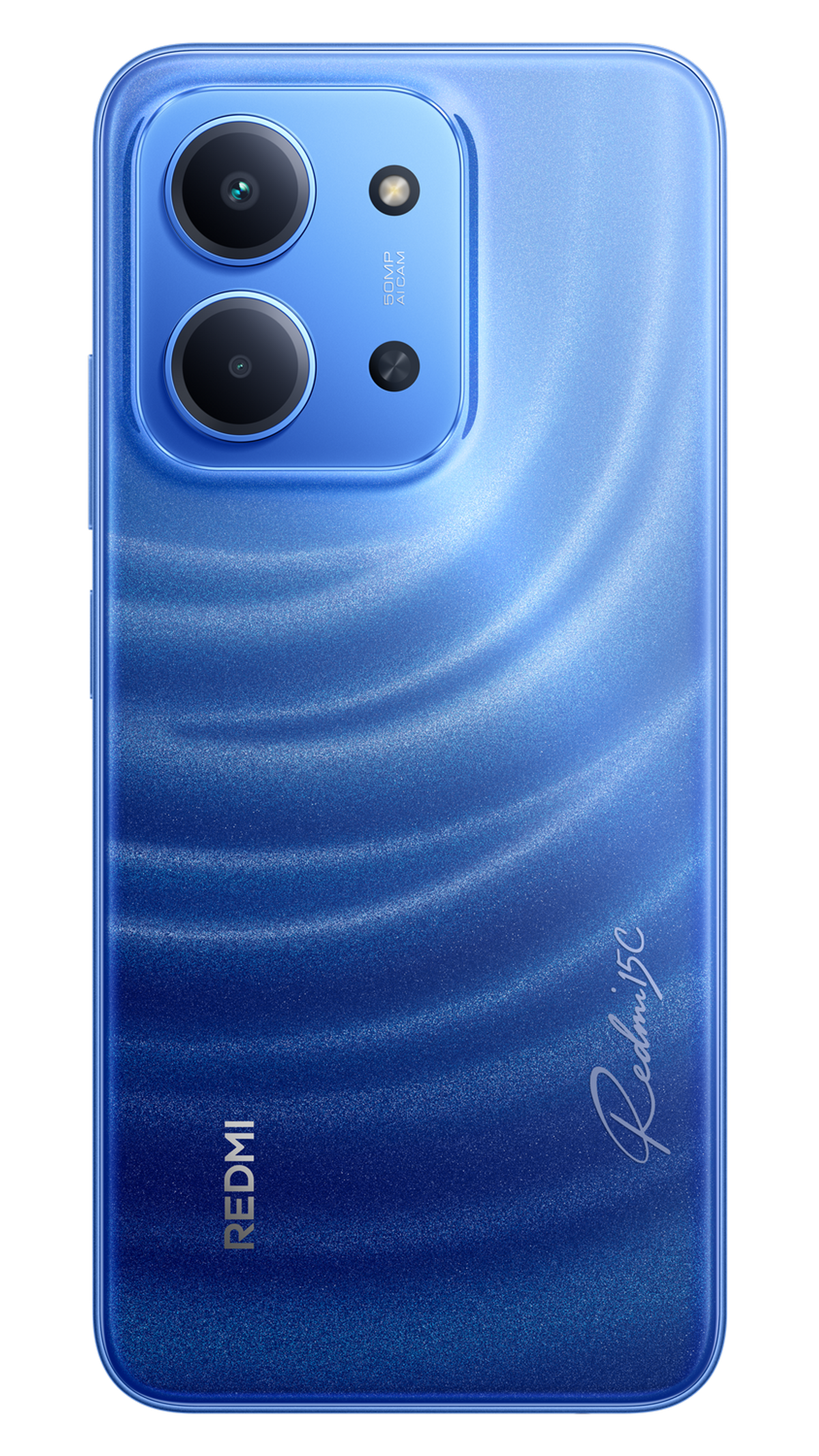 Niebieski tył smartfona z podwójnym aparatem. Logo Redmi 15C na telefonie, o zakrzywionym designie.