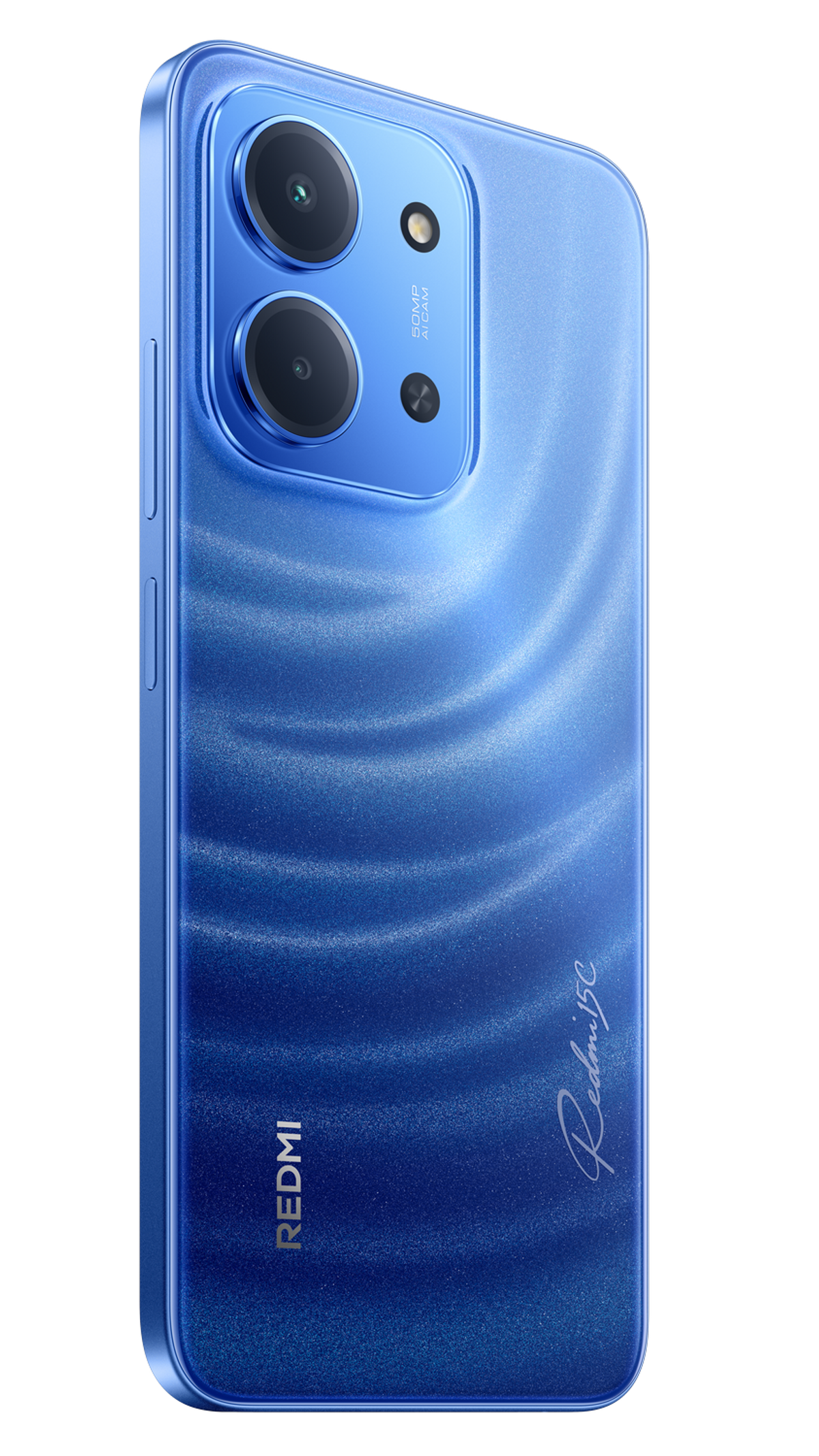 Niebieski telefon Redmi 15C z teksturowanym tyłem. Ma konfigurację z dwoma aparatami i markę Redmi.
