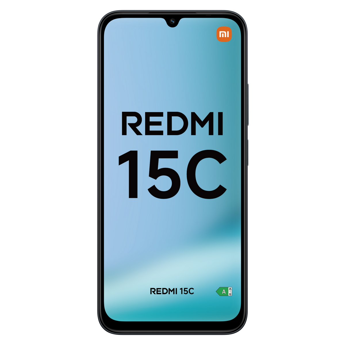 Smartfon wyświetla logo Redmi 15C na jasnoniebieskim ekranie. Logo marki znajduje się w prawym górnym rogu.