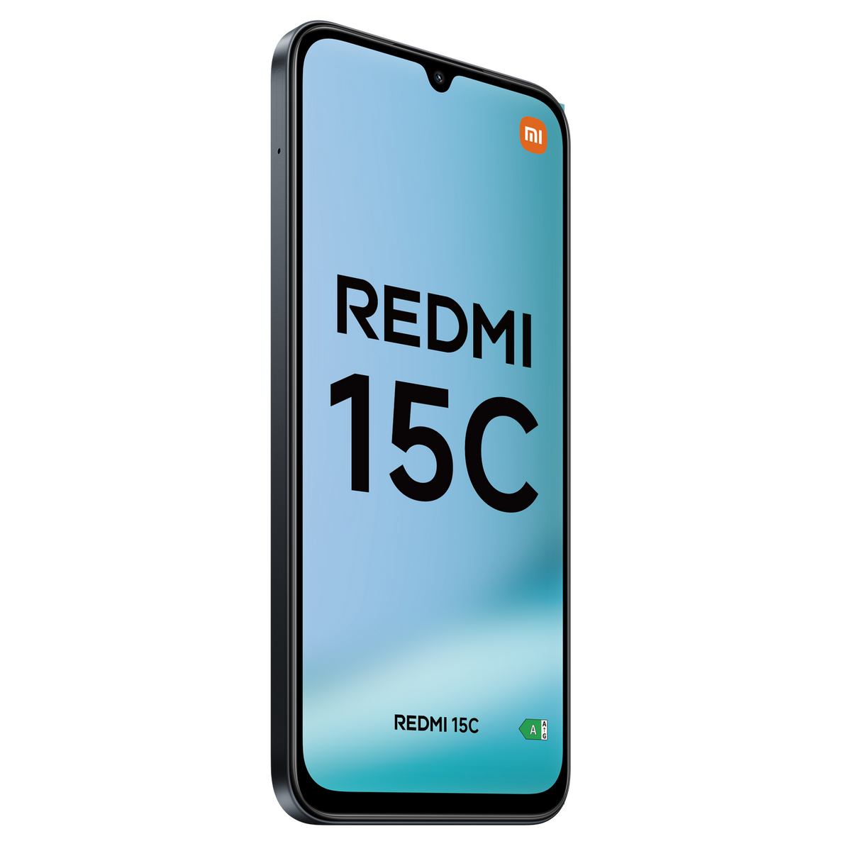 Telefon Redmi 15C, ekran wyświetlający tekst. Telefon jest czarny, ma pomarańczowe logo i zieloną etykietę.