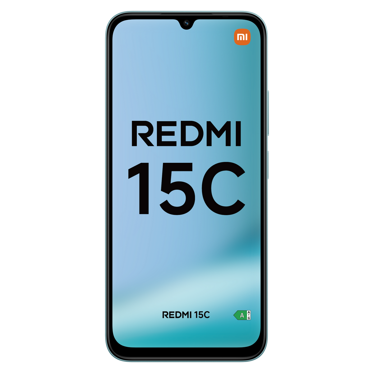 Jasnozielony smartfon wyświetla logo Redmi 15C na ekranie. Logo marki znajduje się w prawym górnym rogu.