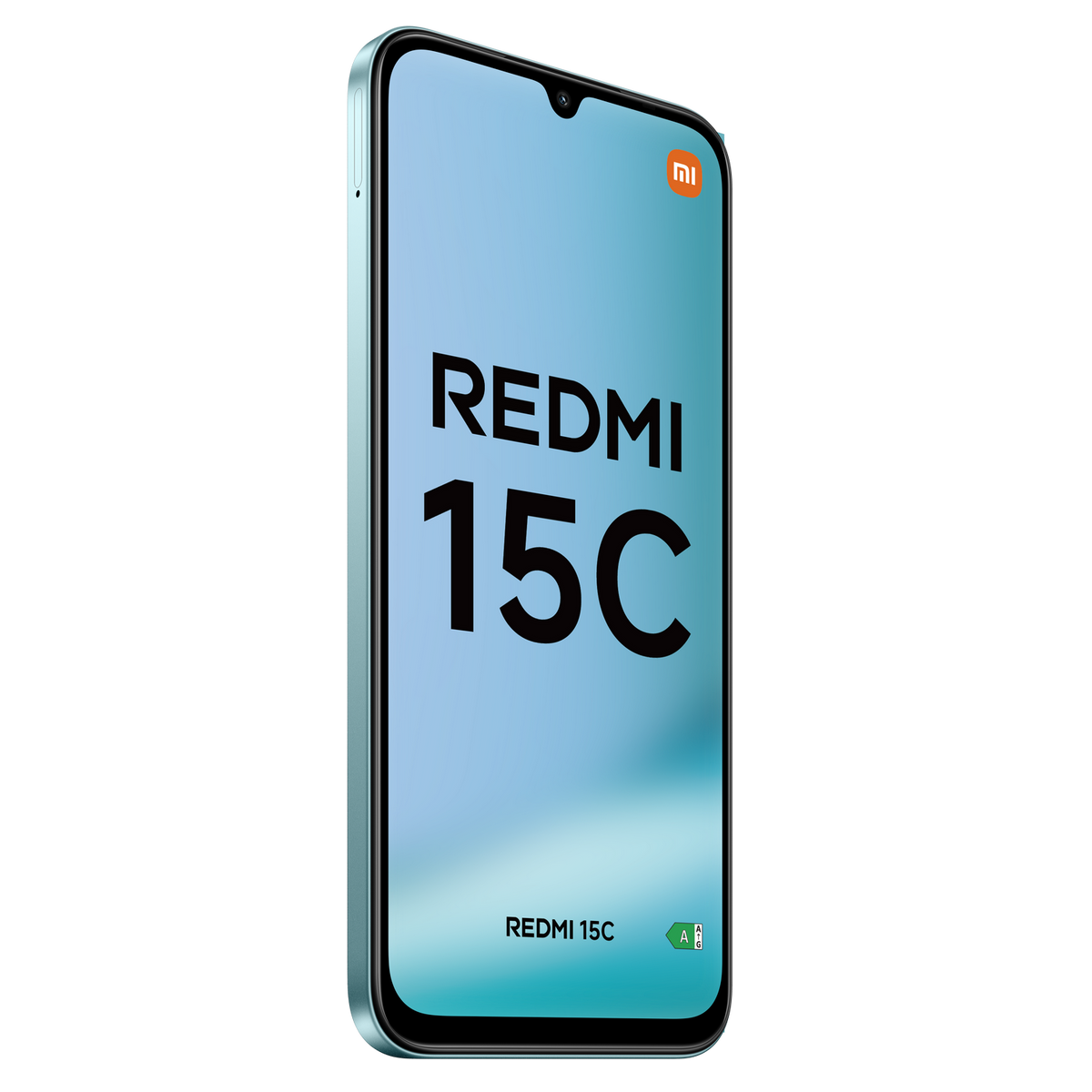 Telefon Redmi 15C z tekstem na ekranie. Czarny telefon z zieloną etykietą.