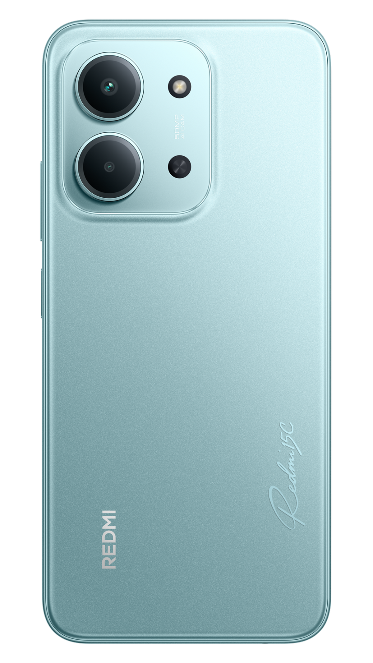 Tył turkusowego smartfona z dwoma aparatami i logo Redmi 5C.
