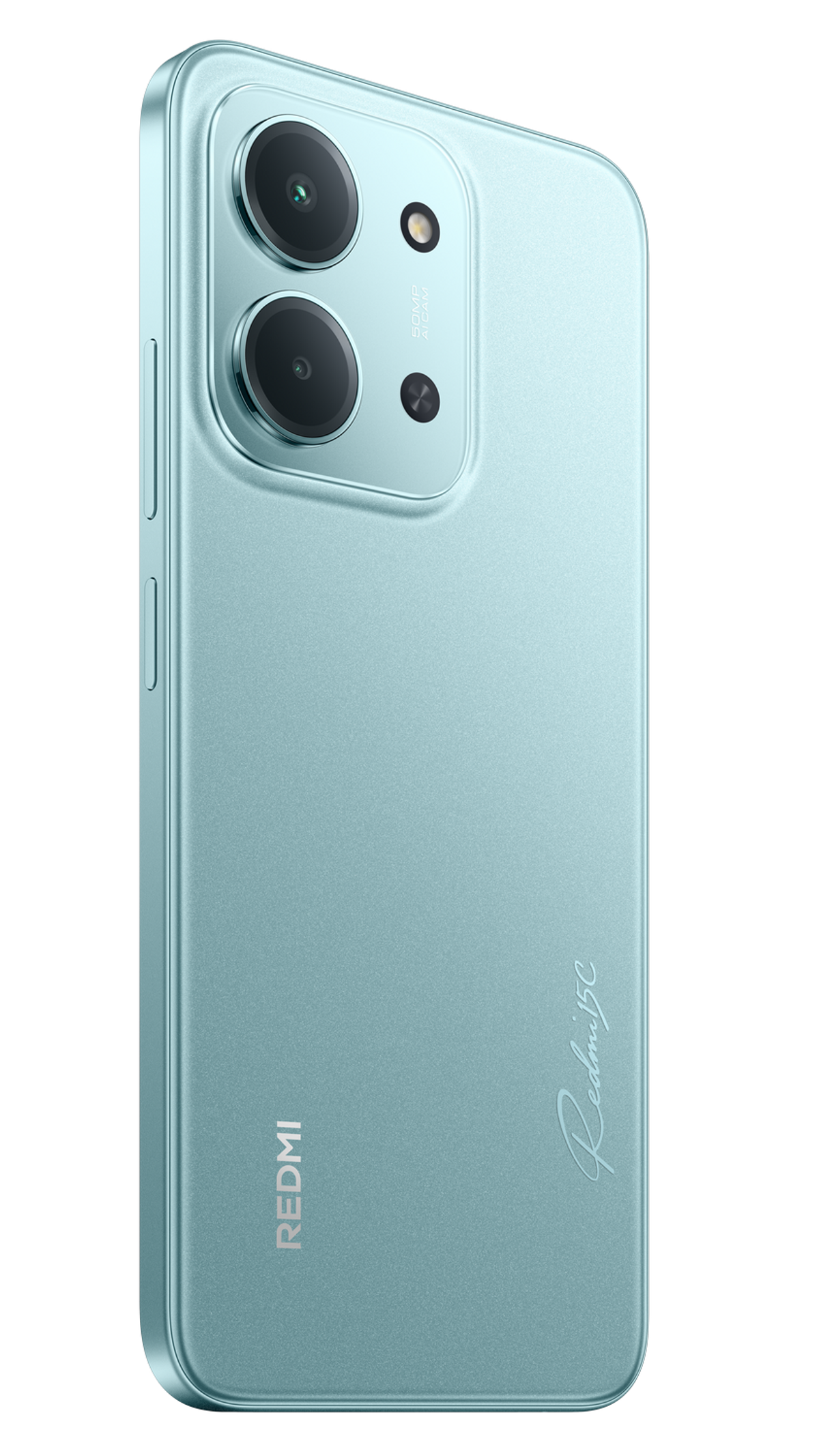 Tył turkusowego smartfona z dwoma aparatami i logo Redmi 5C.