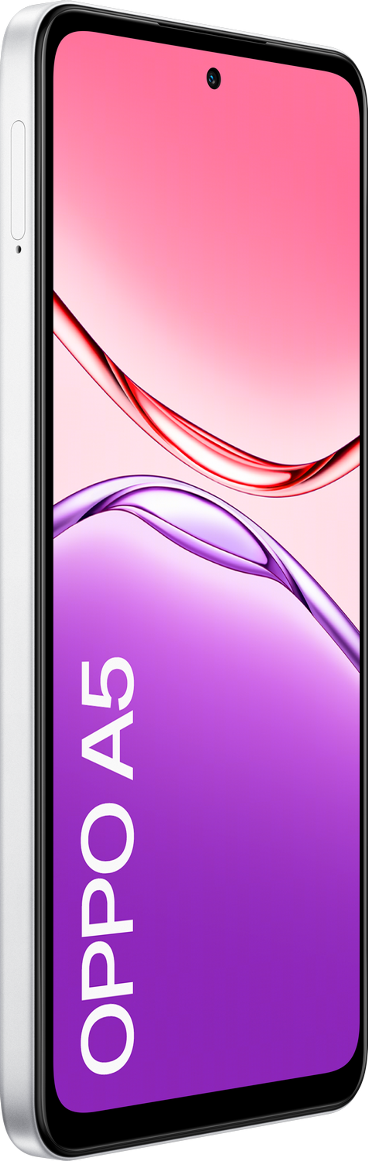 Biały smartfon z ekranem pokazującym fioletowo-czerwony gradient. Logo Oppo A5 z boku.