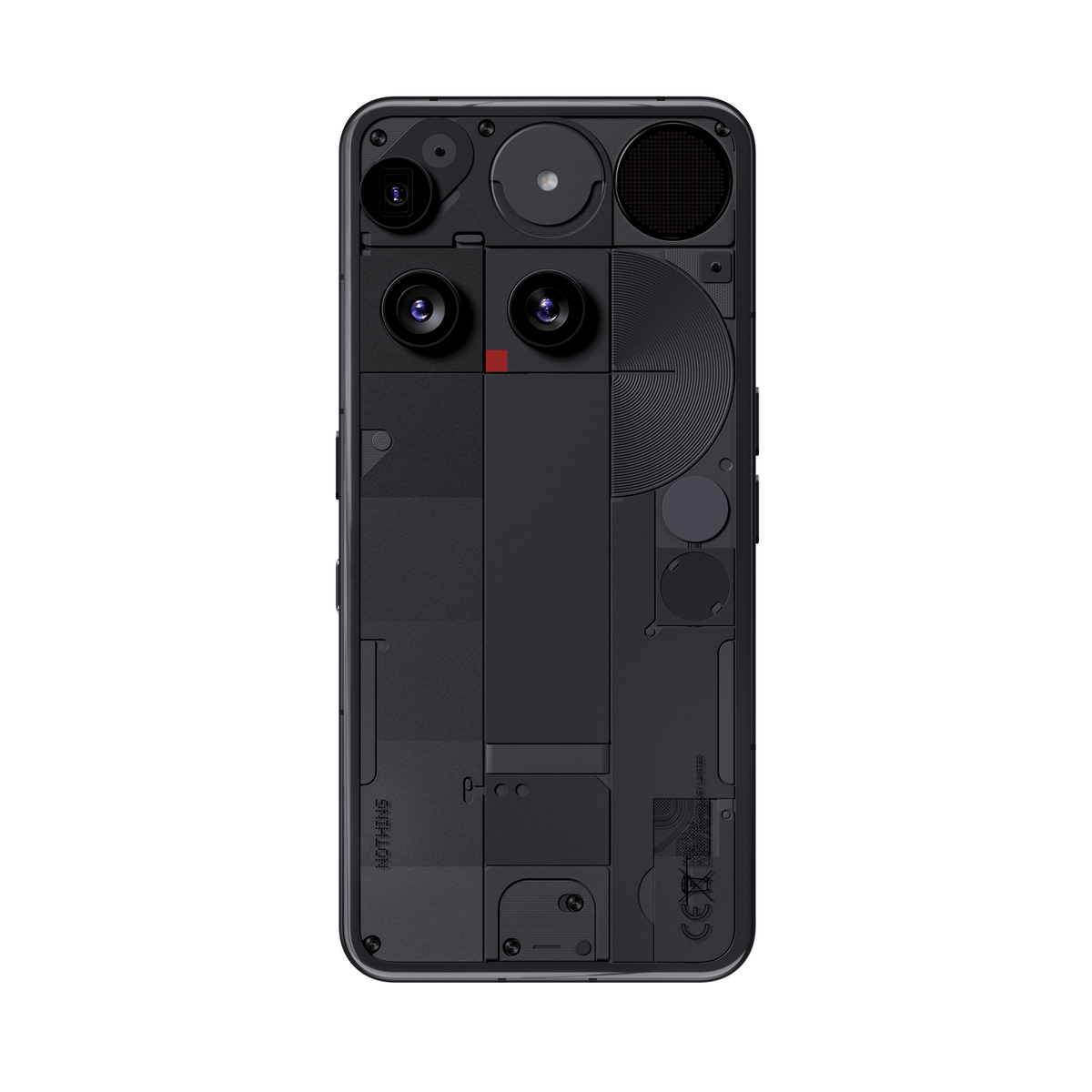 Tył czarnego smartfona z wieloma aparatami i widocznymi elementami wewnętrznymi. Logo Nothing.