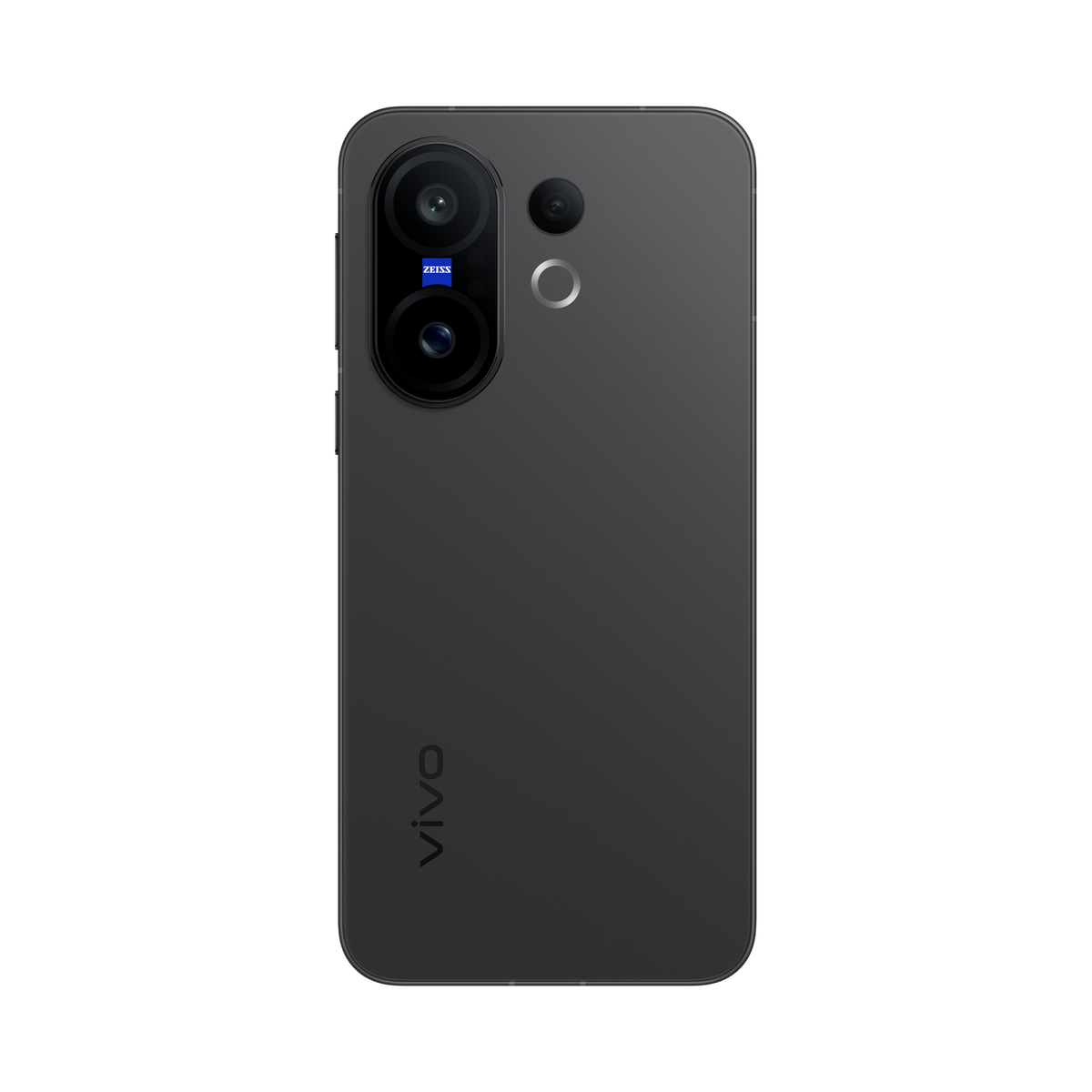 Tył czarnego smartfona z dwoma aparatami. Logo Zeiss na module aparatu. Logo Vivo.
