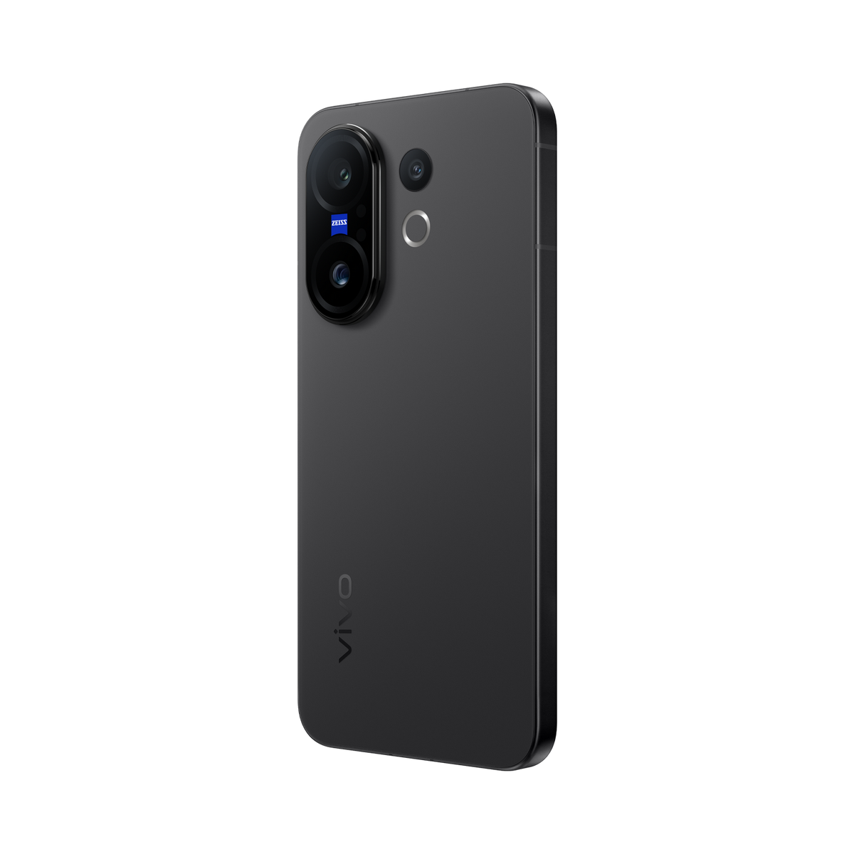 Tył czarnego smartfona z dwoma aparatami. Logo Zeiss na module aparatu. Logo Vivo.