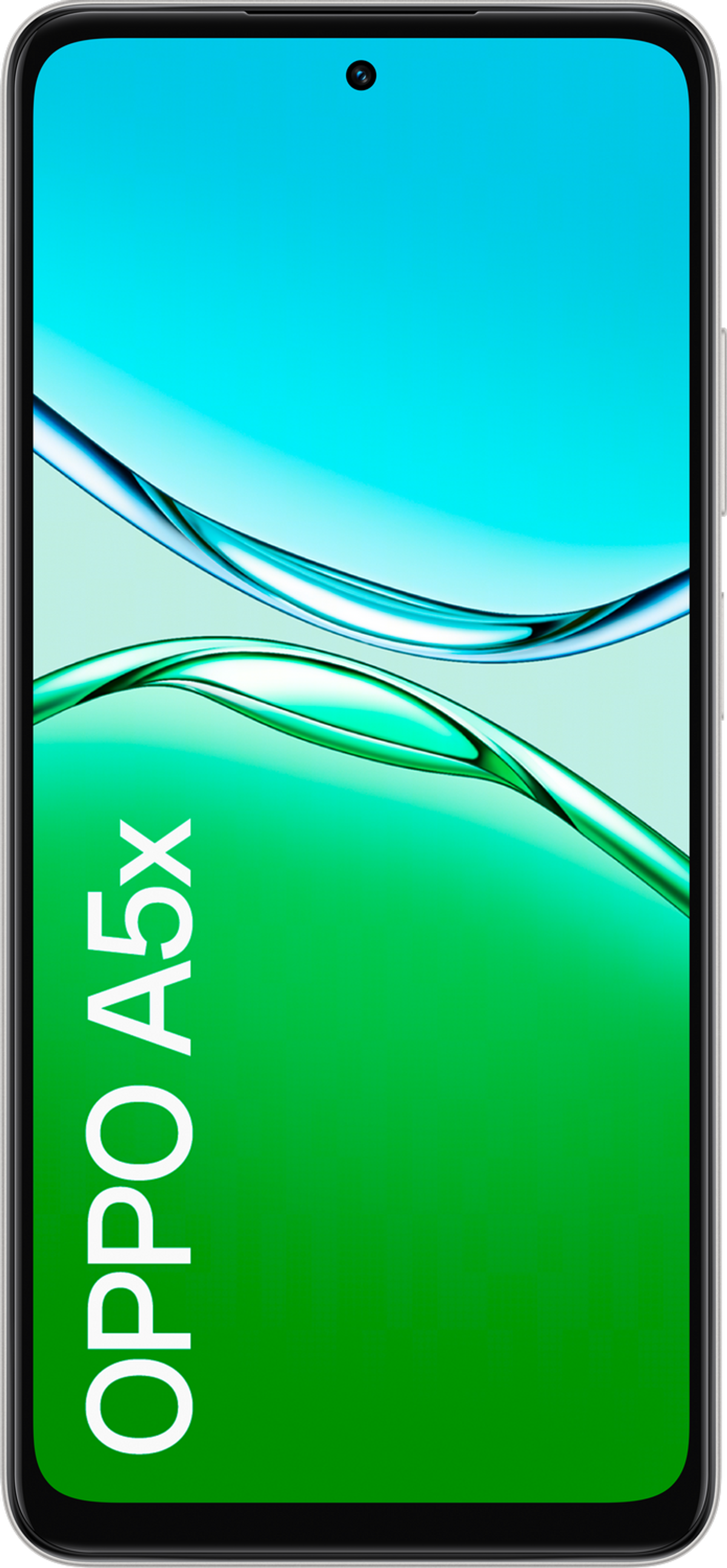 Parte trasera de un teléfono blanco con el logotipo de Oppo y el sistema de cámara. El teléfono está en un estudio.