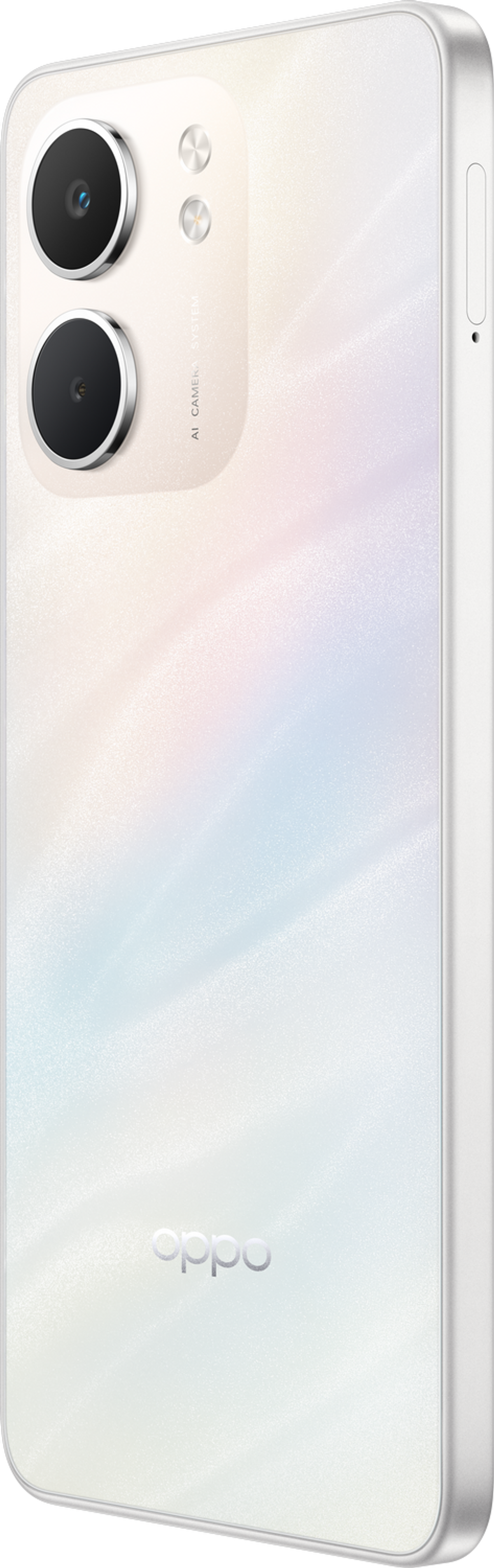Biały telefon z białą tylną ścianką i wyświetlaczem oraz wzorem przypominającym wodę. Wyświetlacz pokazuje OPPO A5x.