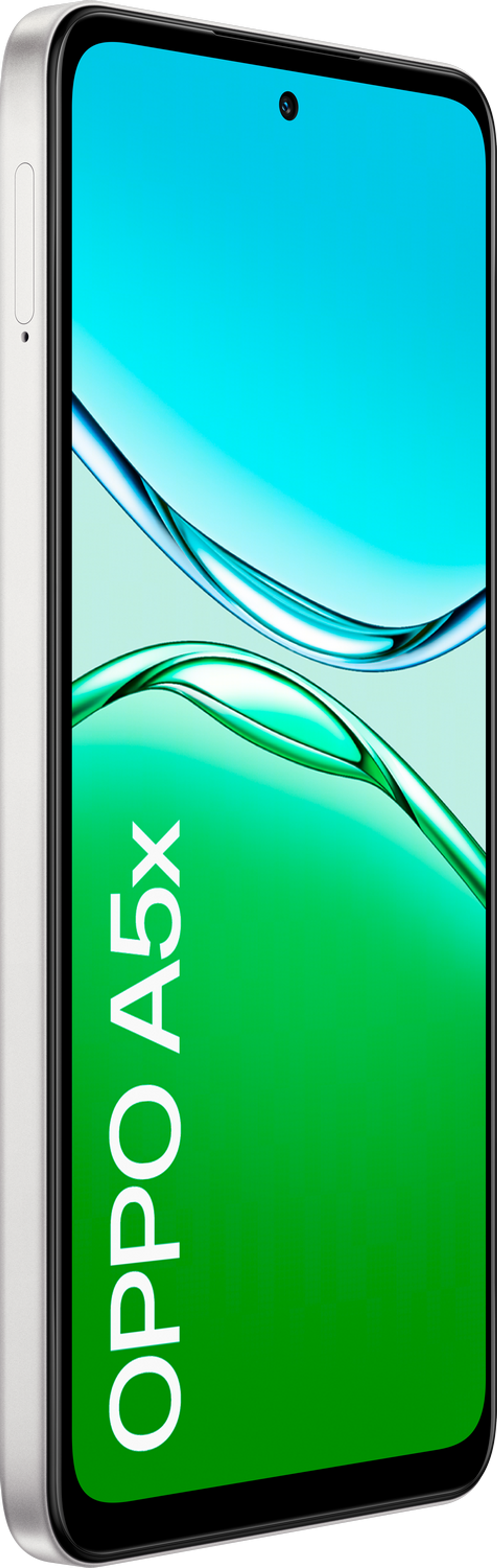 Niebieski telefon pokazujący wyświetlacz z logo OPPO A5x. Ekran ma wzór przypominający wodę.