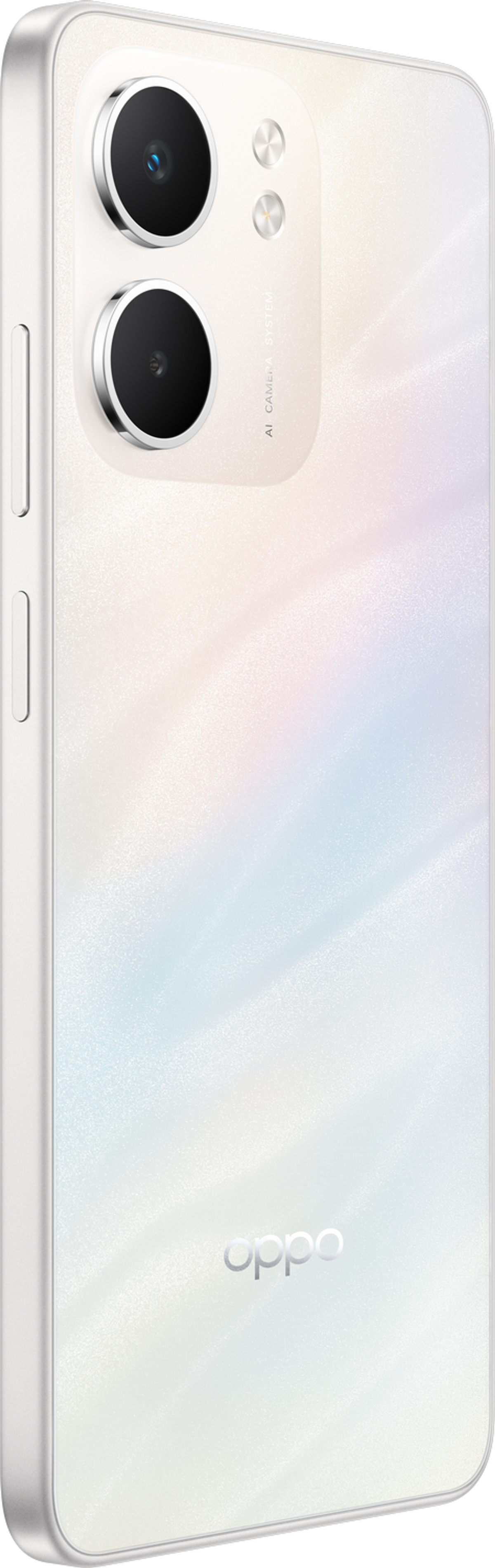 Biały telefon pokazujący wyświetlacz z logo OPPO A5x i niebiesko-zielonym wzorem przypominającym wodę.