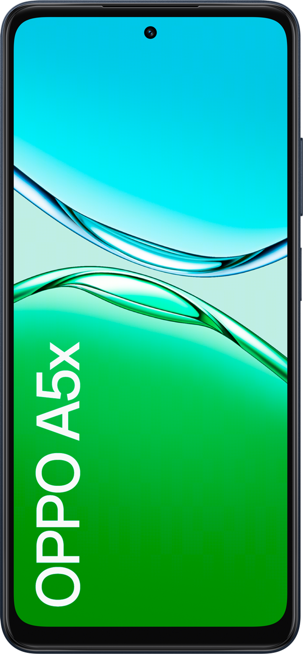 Téléphone blanc montrant l'écran avec la marque OPPO A5x. Le téléphone est incliné vers la droite.