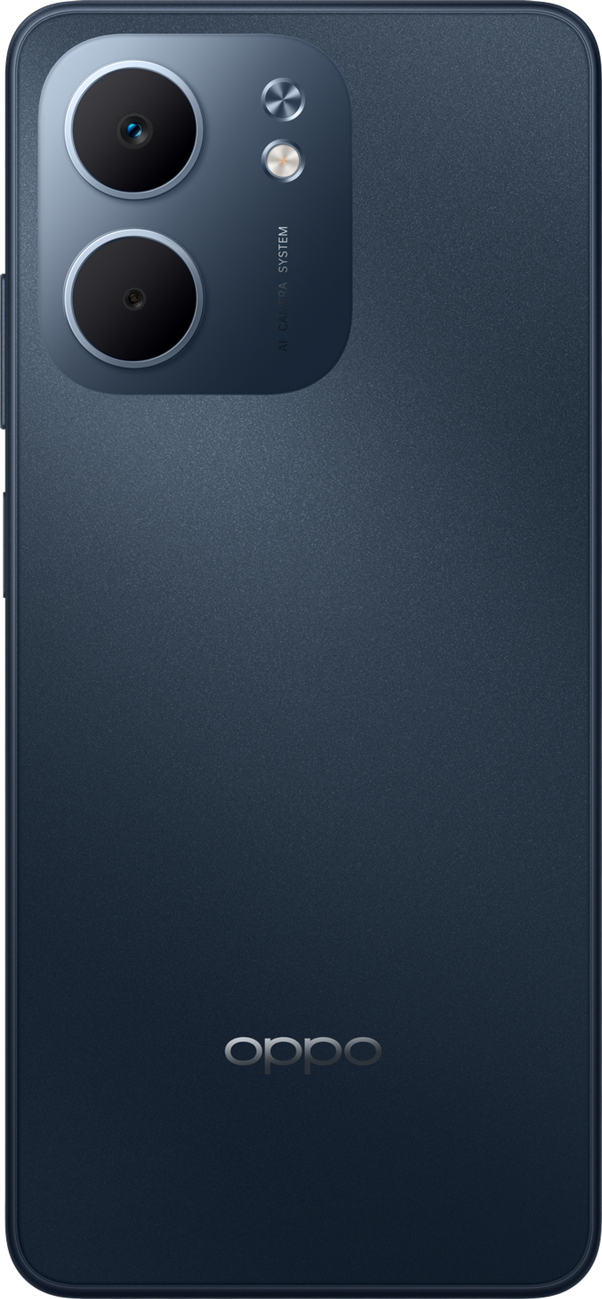 Dos du téléphone blanc, montrant la marque Oppo, le système de caméra et un design. Le téléphone est incliné.