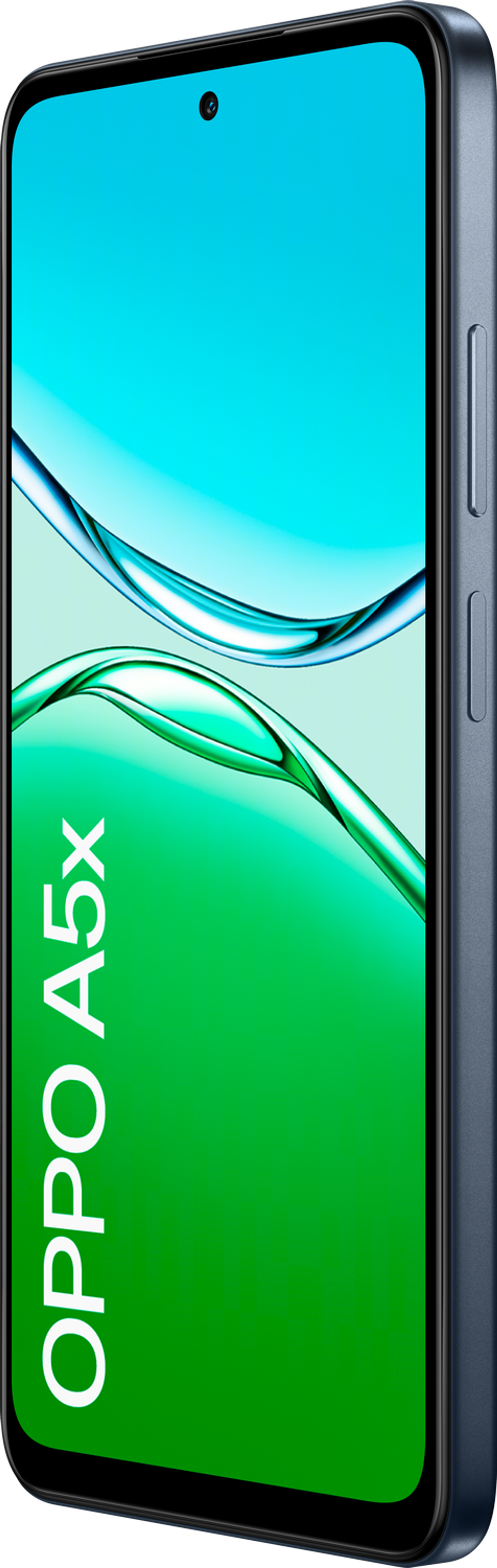 Un téléphone Oppo A5x avec un écran vert et bleu-vert, vue latérale. Le téléphone porte le nom de la marque.