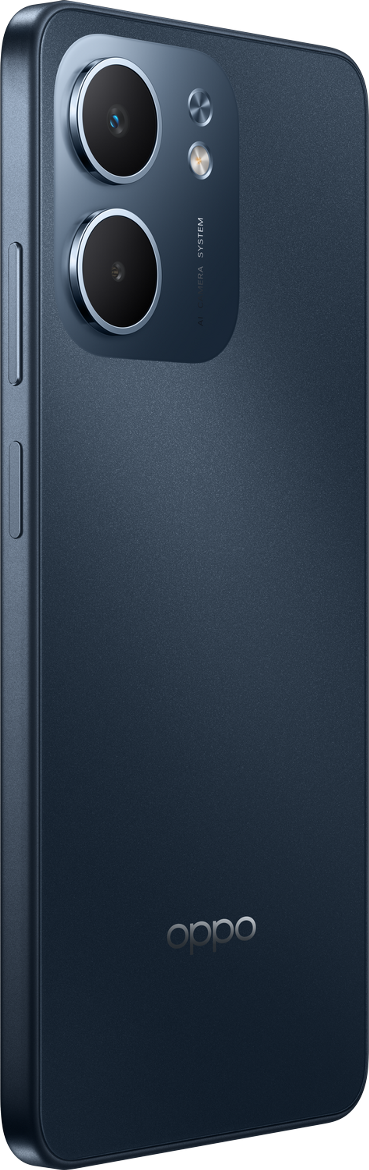Un dos de téléphone bleu foncé avec deux objectifs d'appareil photo et la marque 'oppo'.