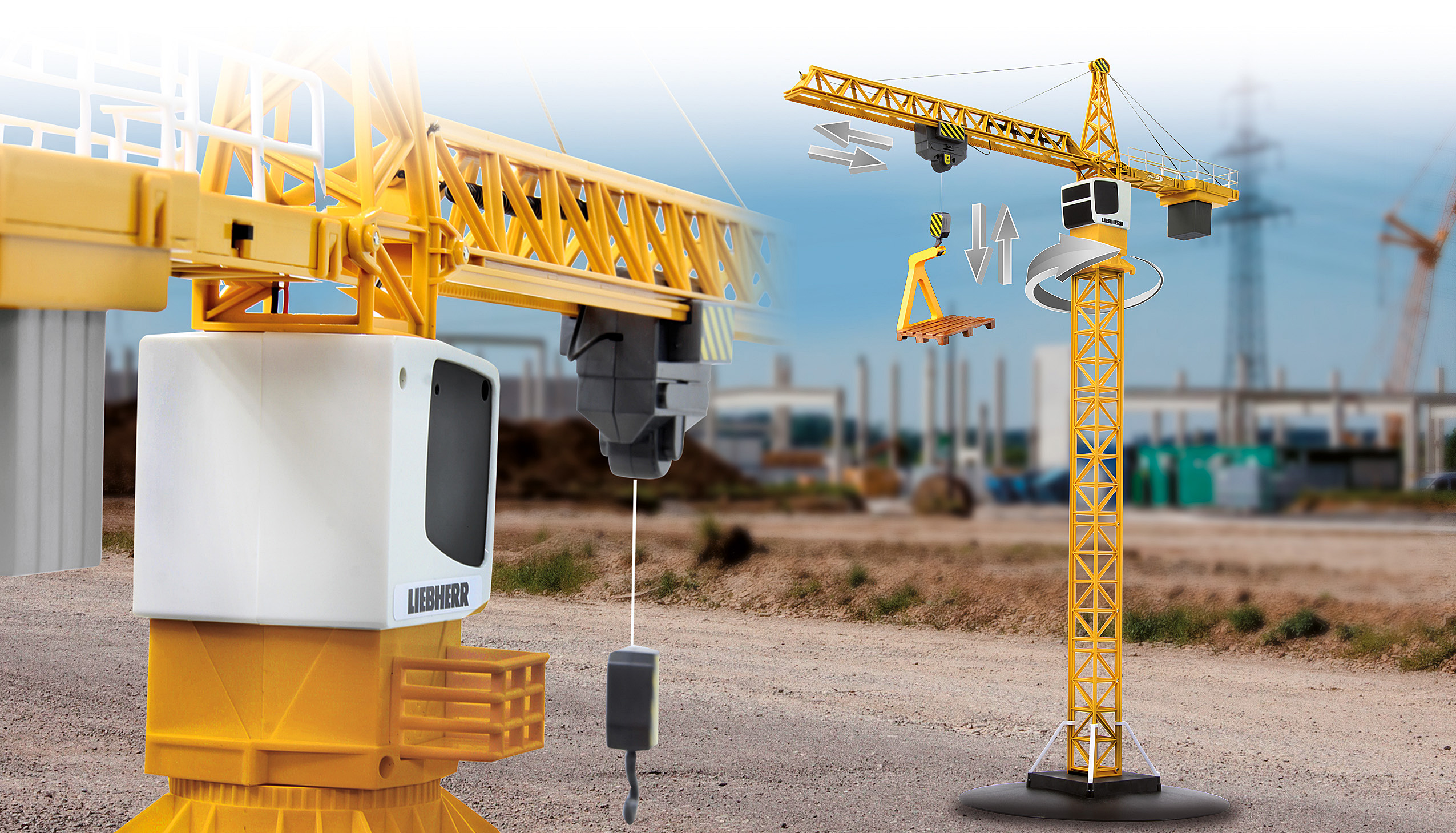Ein Spielzeugkran mit weißer Basis und gelbem Arm wird gezeigt. Der Hintergrund ist eine Baustelle.