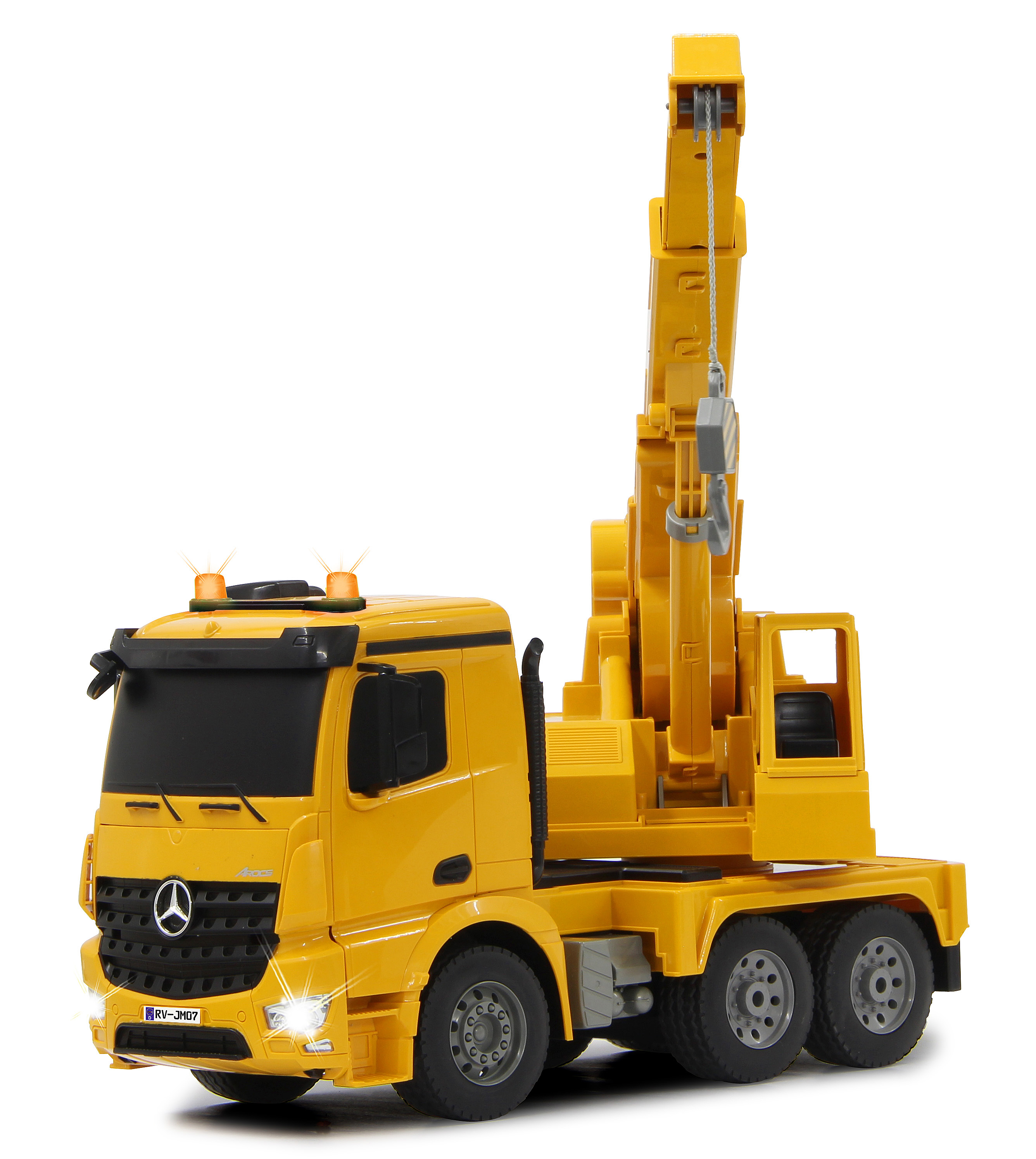 Żółta zabawka ciężarówka z żurawiem. Ciężarówka ma żółtą kabinę z żurawiem z tyłu.