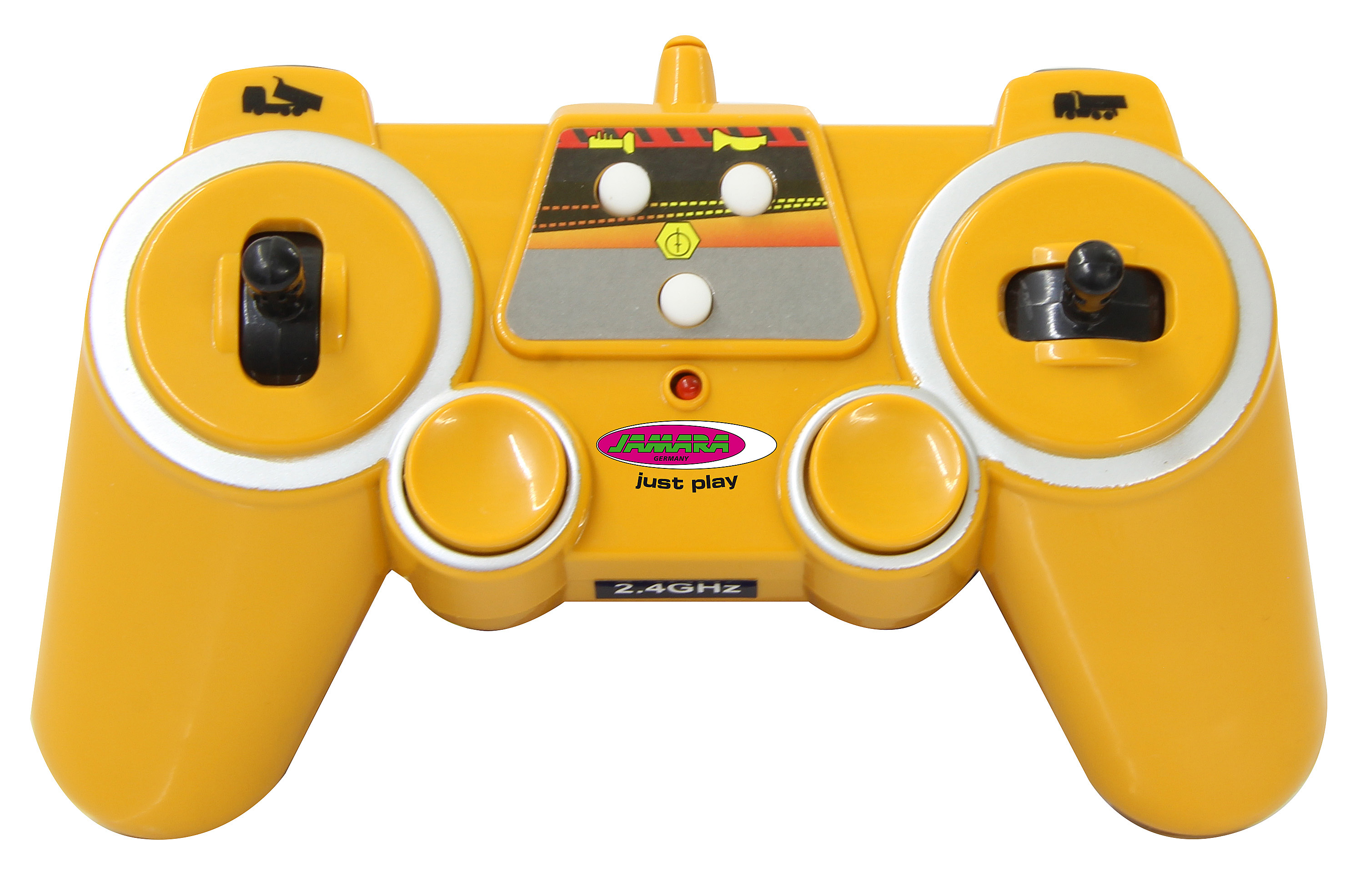 Un control remoto amarillo con diseño de construcción. Tiene dos joysticks y varios botones.