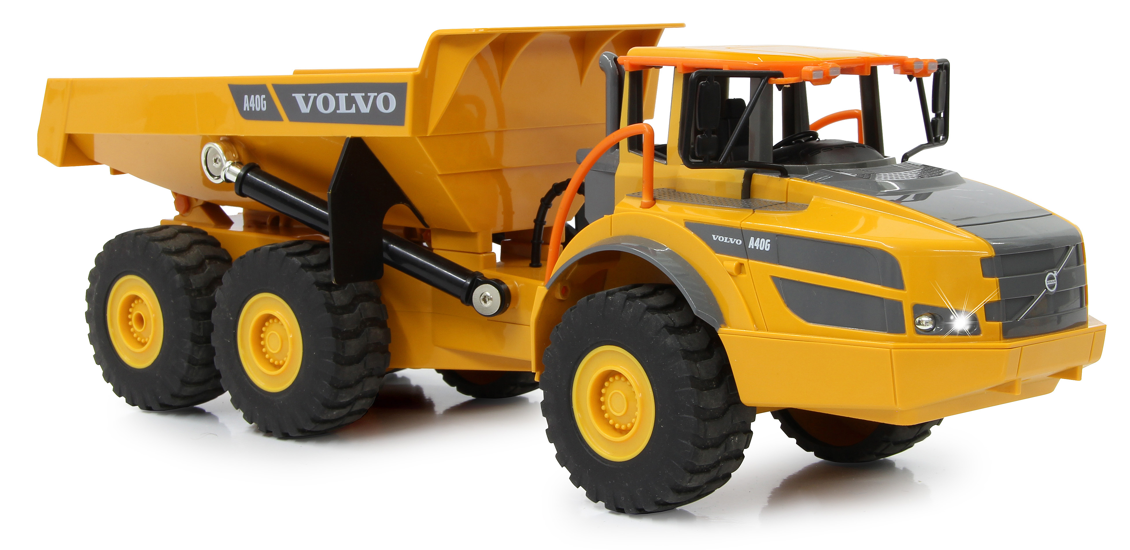 Un camión volquete de juguete amarillo. El camión es un modelo Volvo A40G.