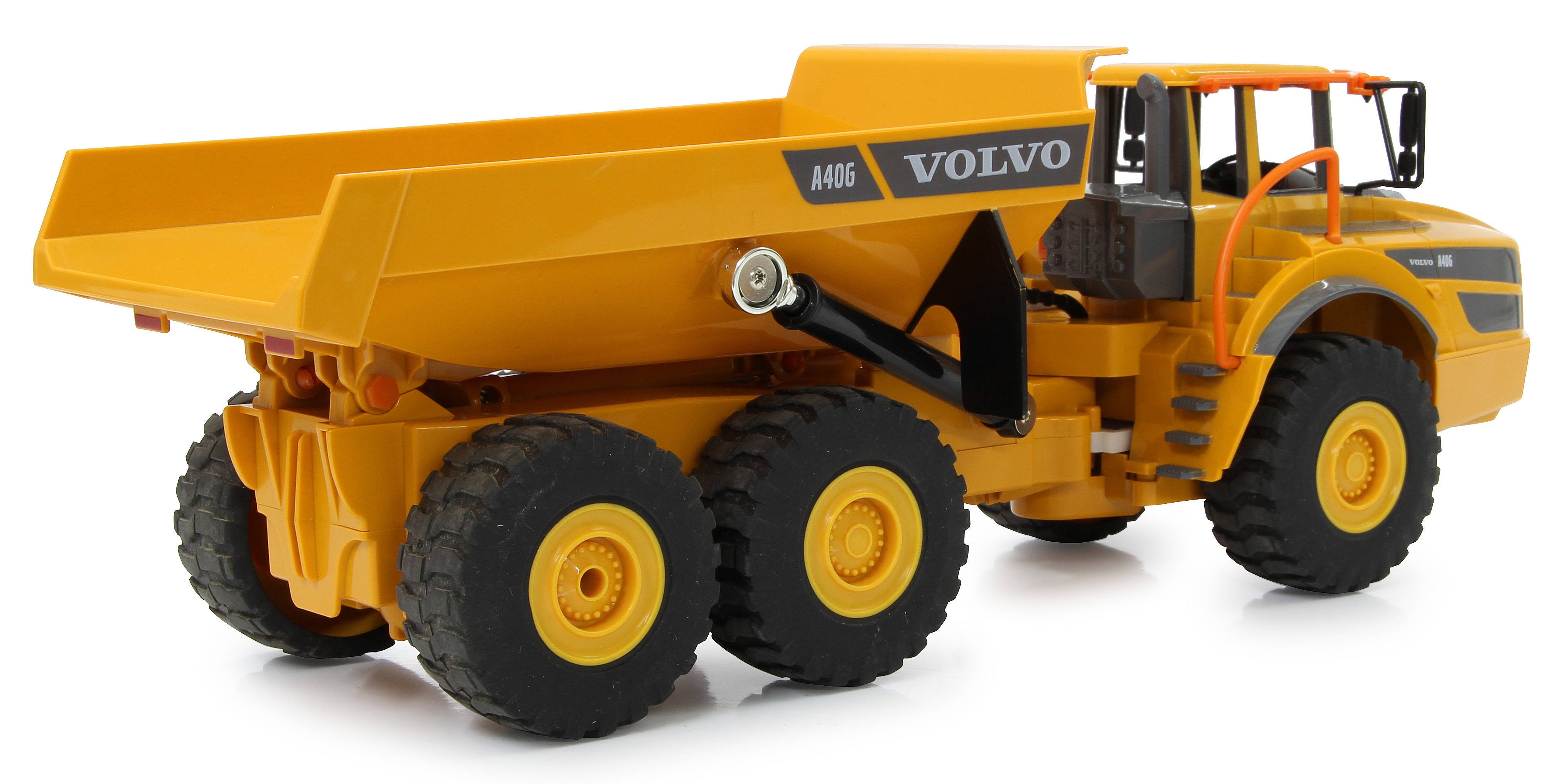 Un camión volquete de juguete amarillo. El camión tiene cabina y caja amarillas. Modelo Volvo A40G.