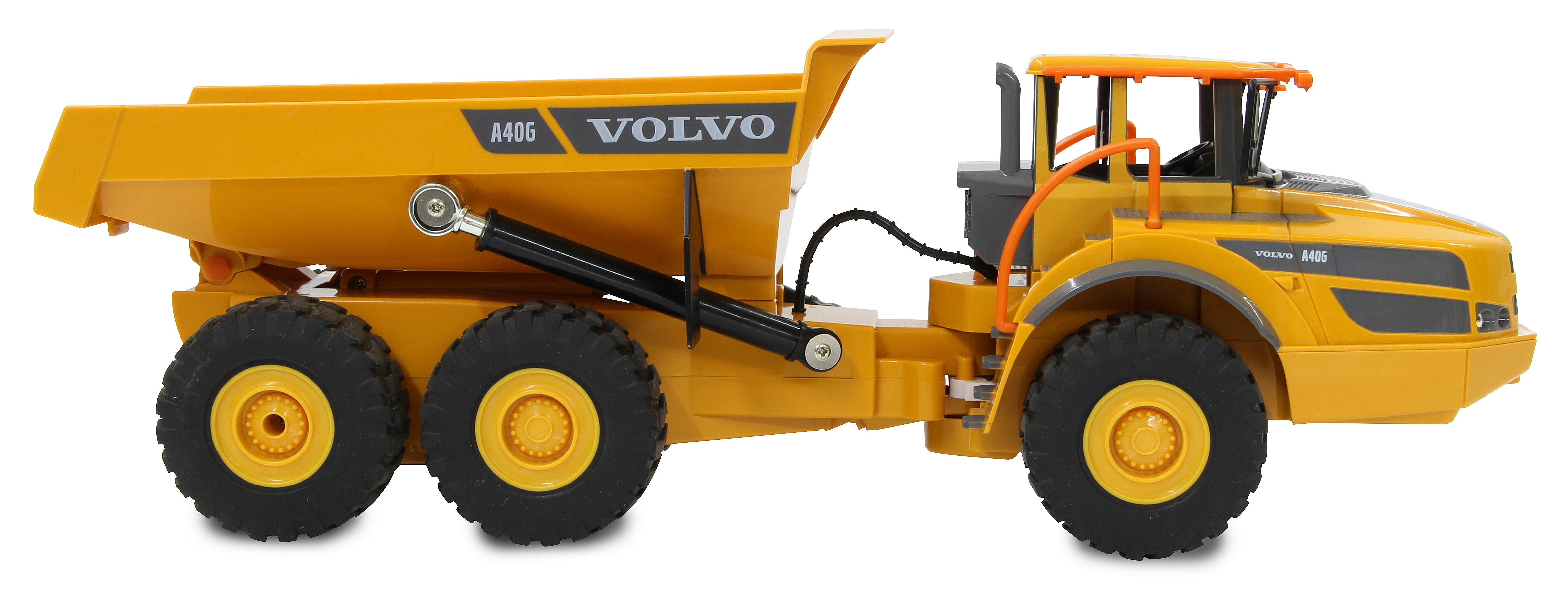 Un camión volquete de juguete amarillo. El camión es un modelo Volvo A40G.