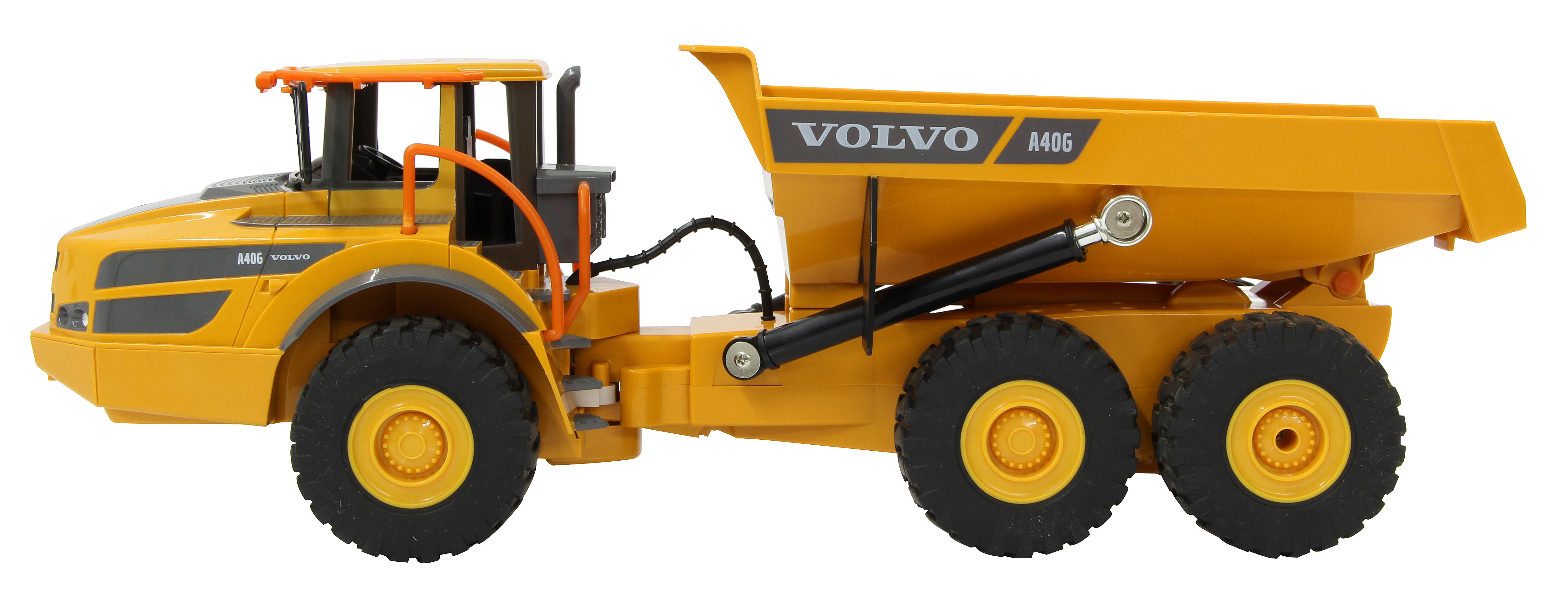 Un camión volquete de juguete amarillo. El camión es un modelo Volvo A40G.