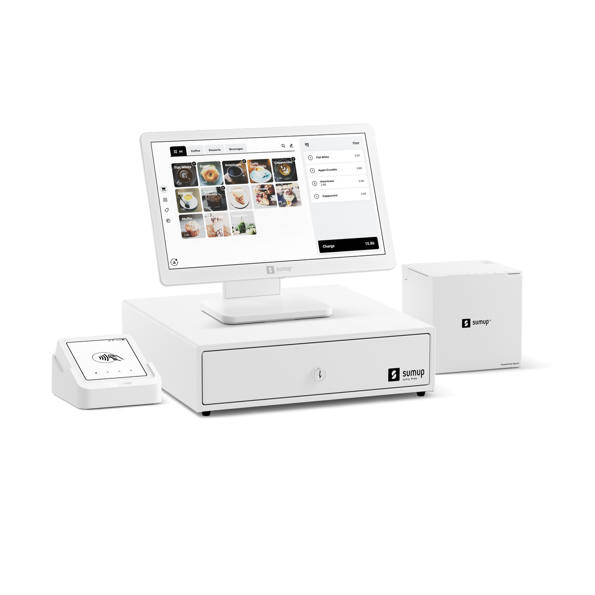 Un sistema de punto de venta SumUp blanco sobre un mostrador blanco. Un monitor muestra elementos del menú.
