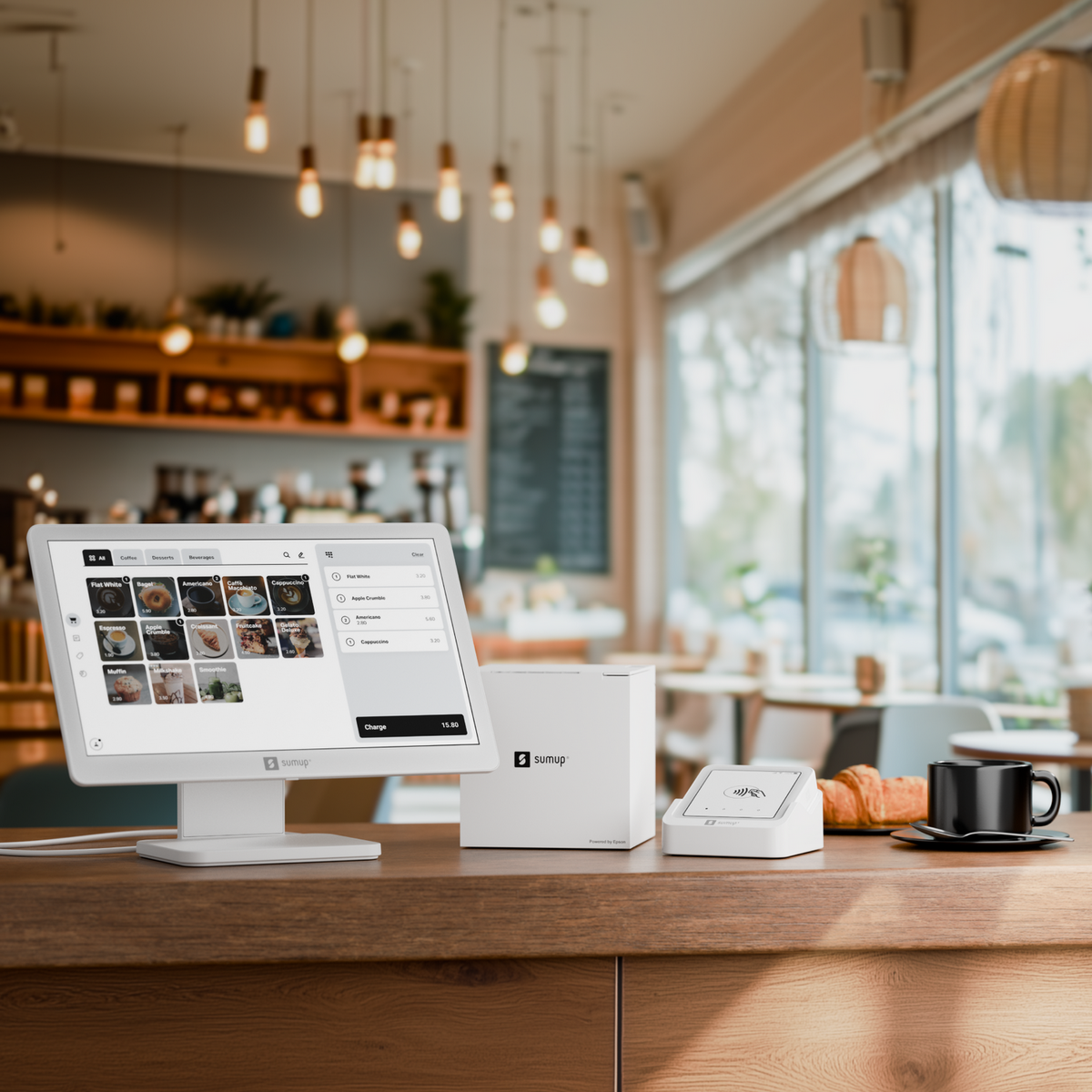 Ein modernes Café-Interieur mit einem weißen Kassensystem auf einer Holztheke. Eine Tasse Kaffee steht da.